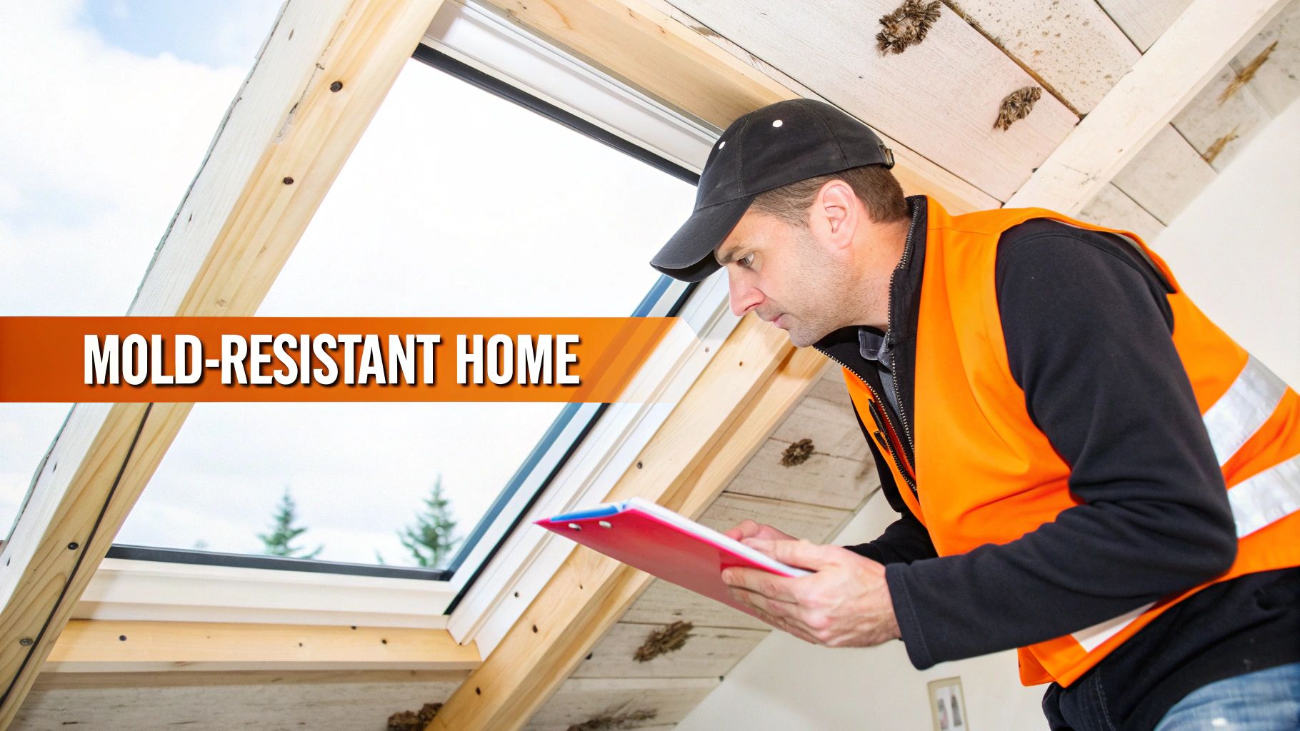 Mold inspection in progress, professional wearing safety vest and cap, assessing mold-resistant home features, emphasizing mold prevention strategies after water damage.