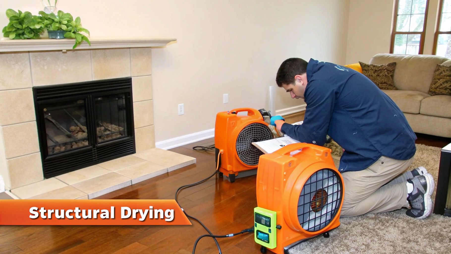 Technician performing structural drying in a water-damaged home using high-velocity air movers to remove moisture from hardwood floors and walls.