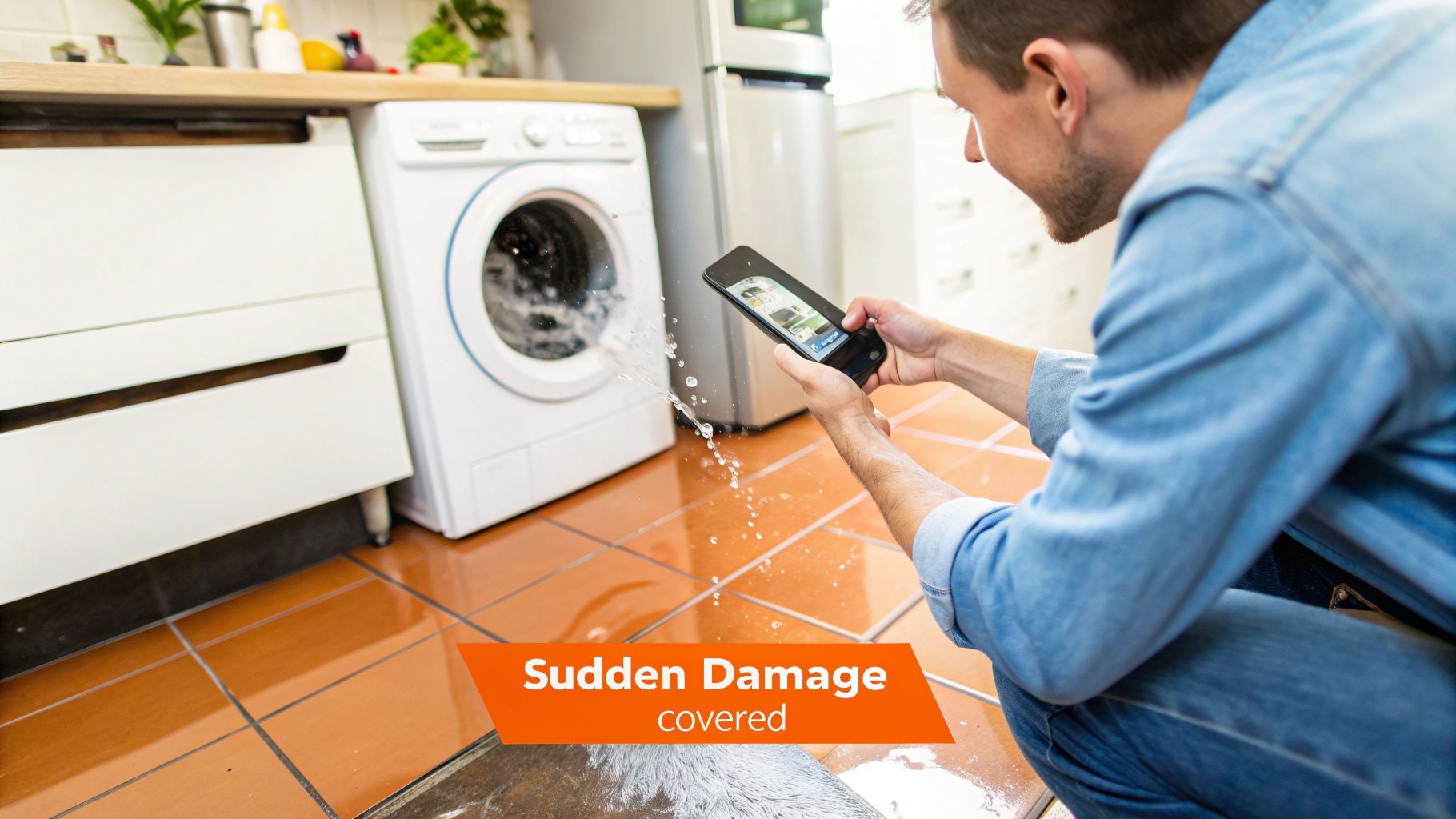 A modern kitchen with water damage on the wood floor from a leaking appliance