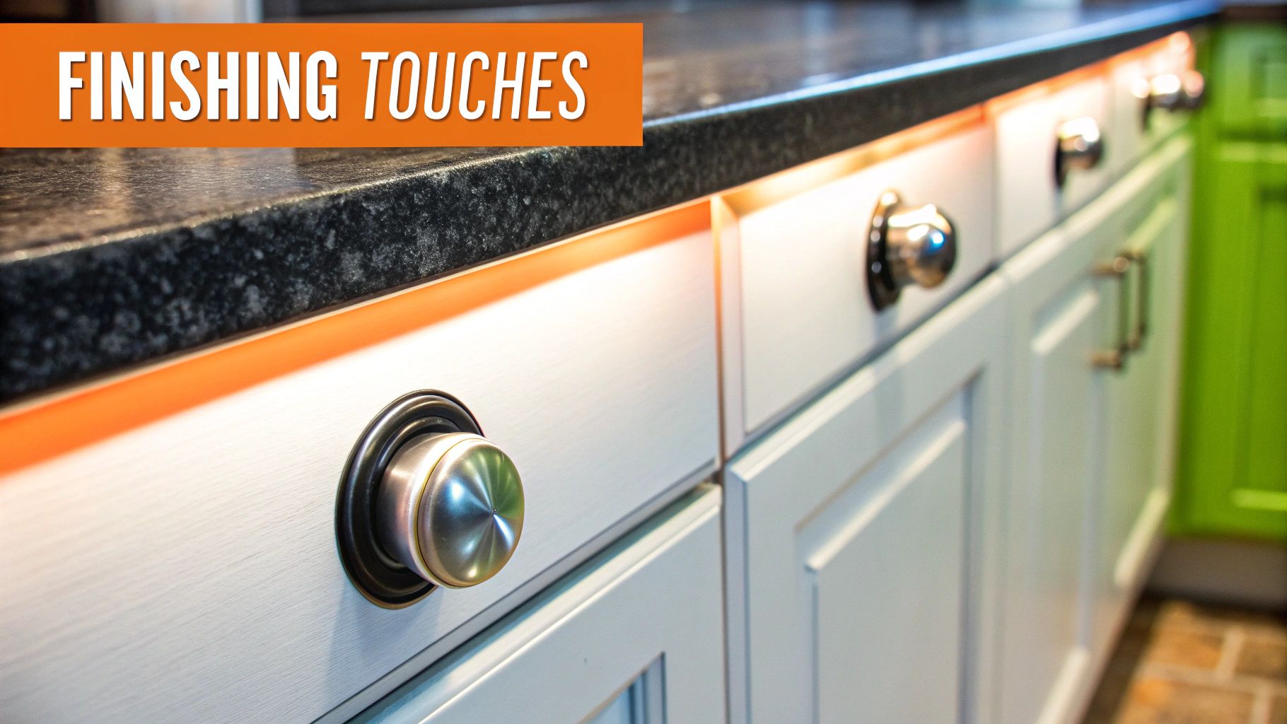 Modern kitchen cabinets with sleek black hardware and integrated under-cabinet lighting.
