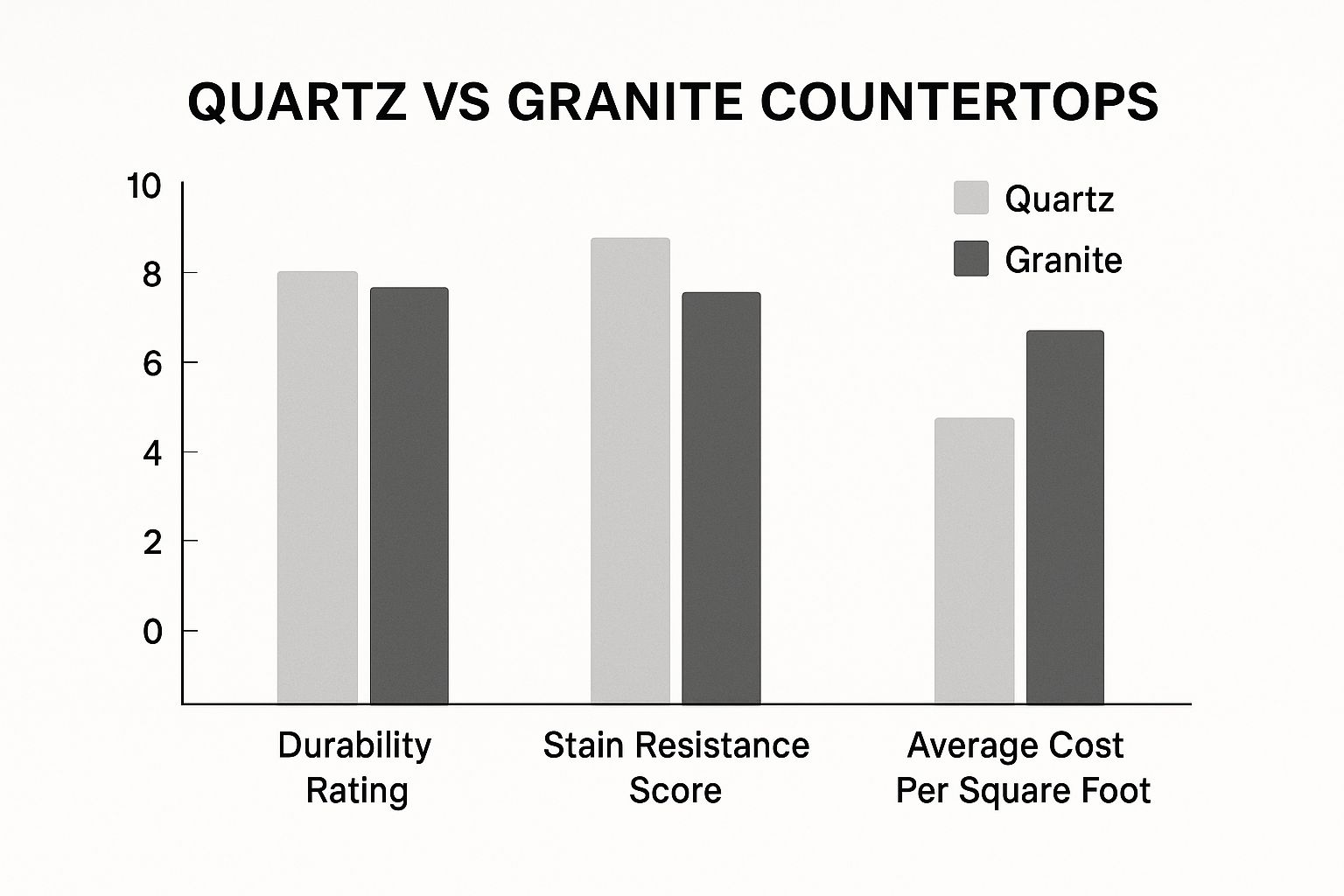 Bar graph comparing quartz and granite countertops based on durability rating, stain resistance score, and average cost per square foot, highlighting quartz's advantages in durability and stain resistance.