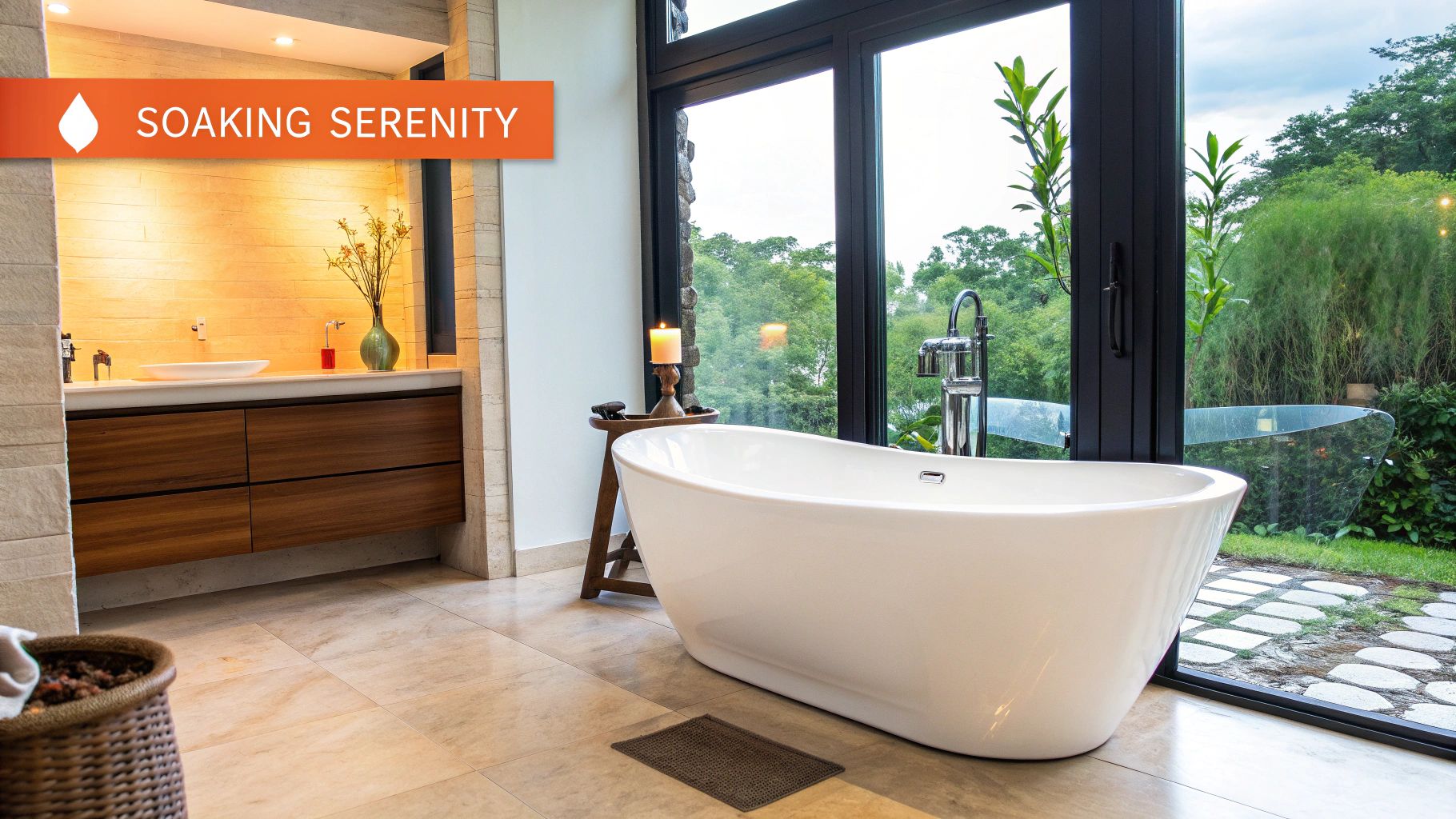 Freestanding soaking tub in luxurious bathroom setting with modern design elements, natural light, and serene outdoor view, emphasizing relaxation and high-end remodeling.