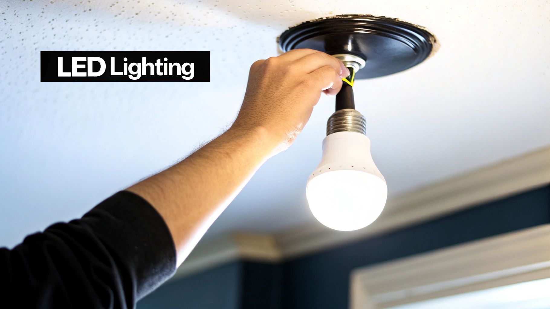 Hand installing an LED light bulb in a ceiling fixture, emphasizing energy-efficient lighting upgrades for homeowners.
