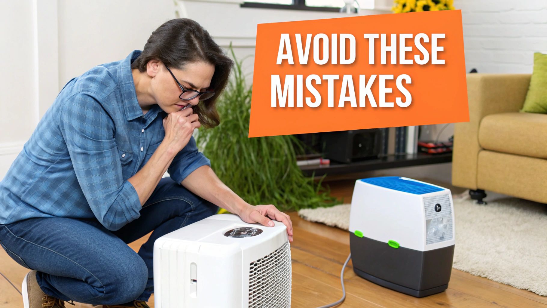Person examining a residential dehumidifier, with a focus on avoiding common mistakes after flood damage, featuring a text overlay "Avoid These Mistakes."