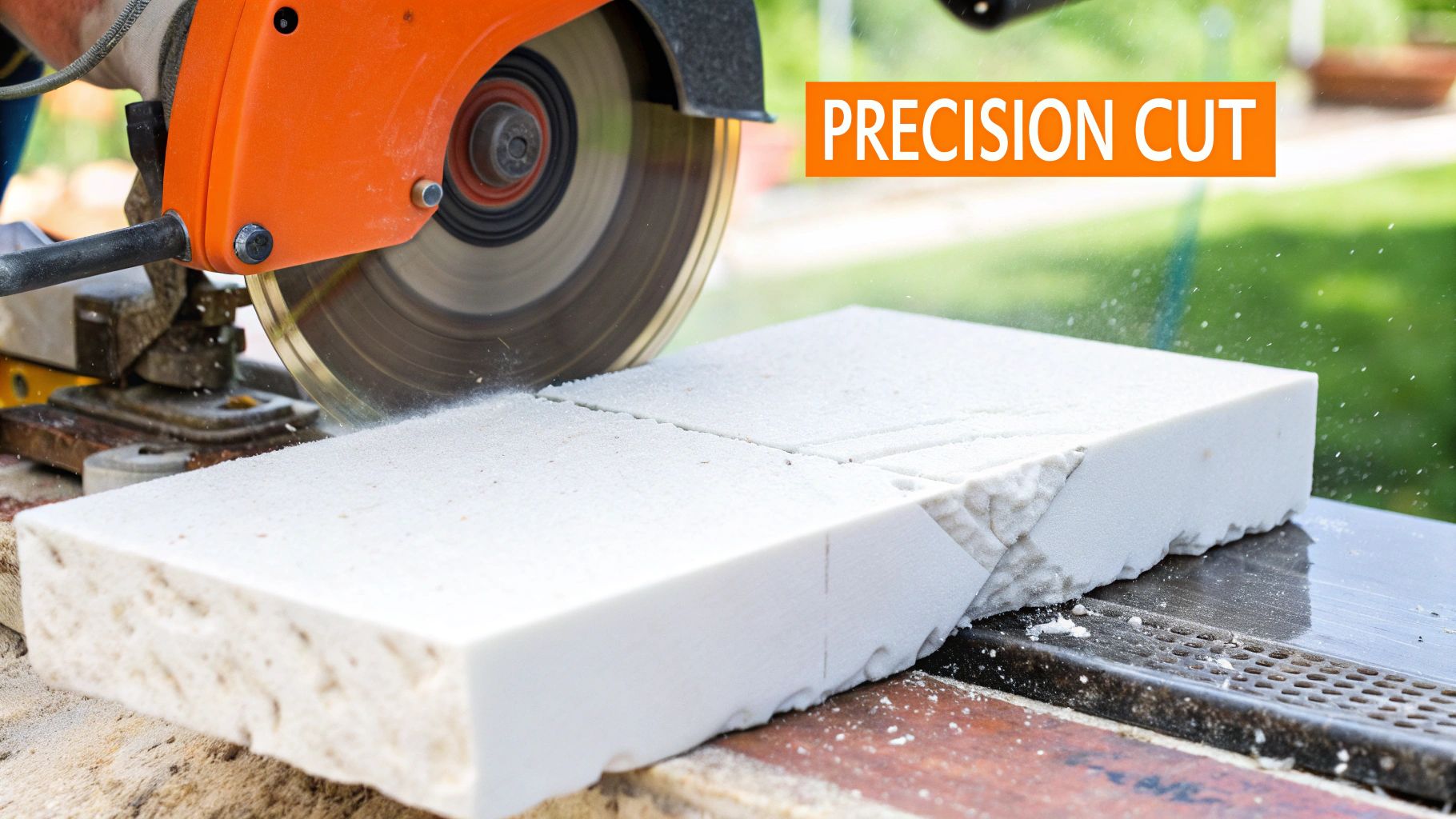 Precision cutting of quartz slab with a circular saw, showcasing the cutting process essential for accurate countertop installation.