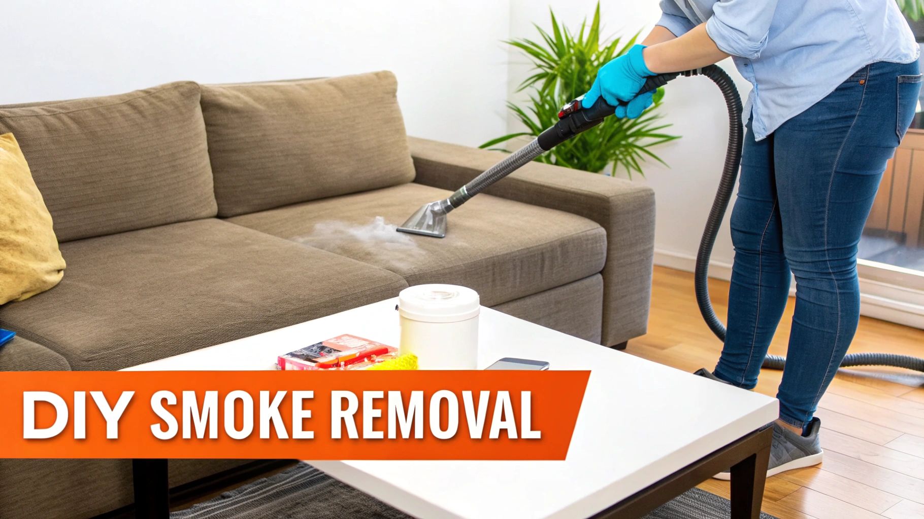 A person uses a steam cleaner to remove smoke smell from a brown sofa in a living room.