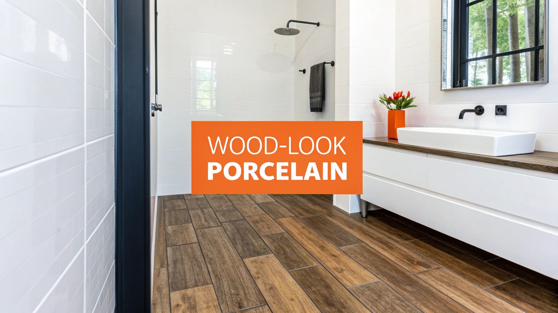 A modern bathroom featuring white tiled walls, a shower area, and a wood-look porcelain tile floor.