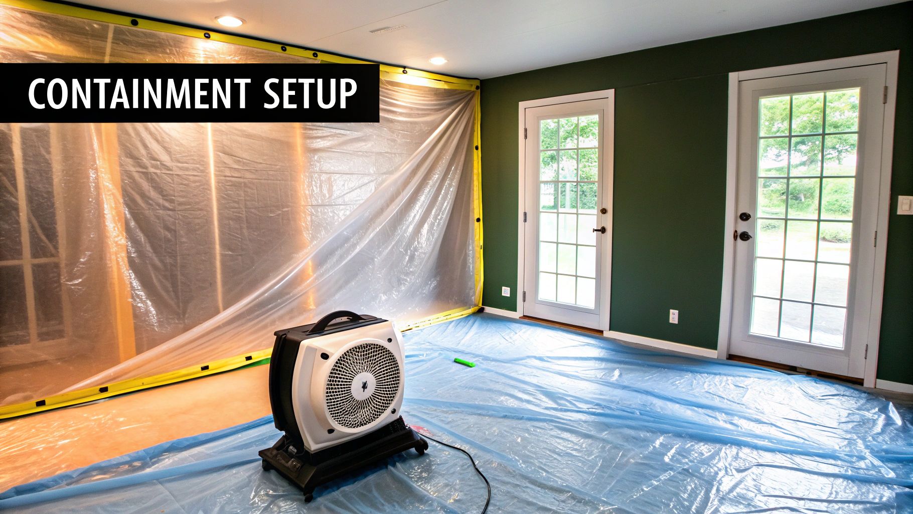 Containment setup for mold remediation with plastic sheeting and air filtration system in a residential space.