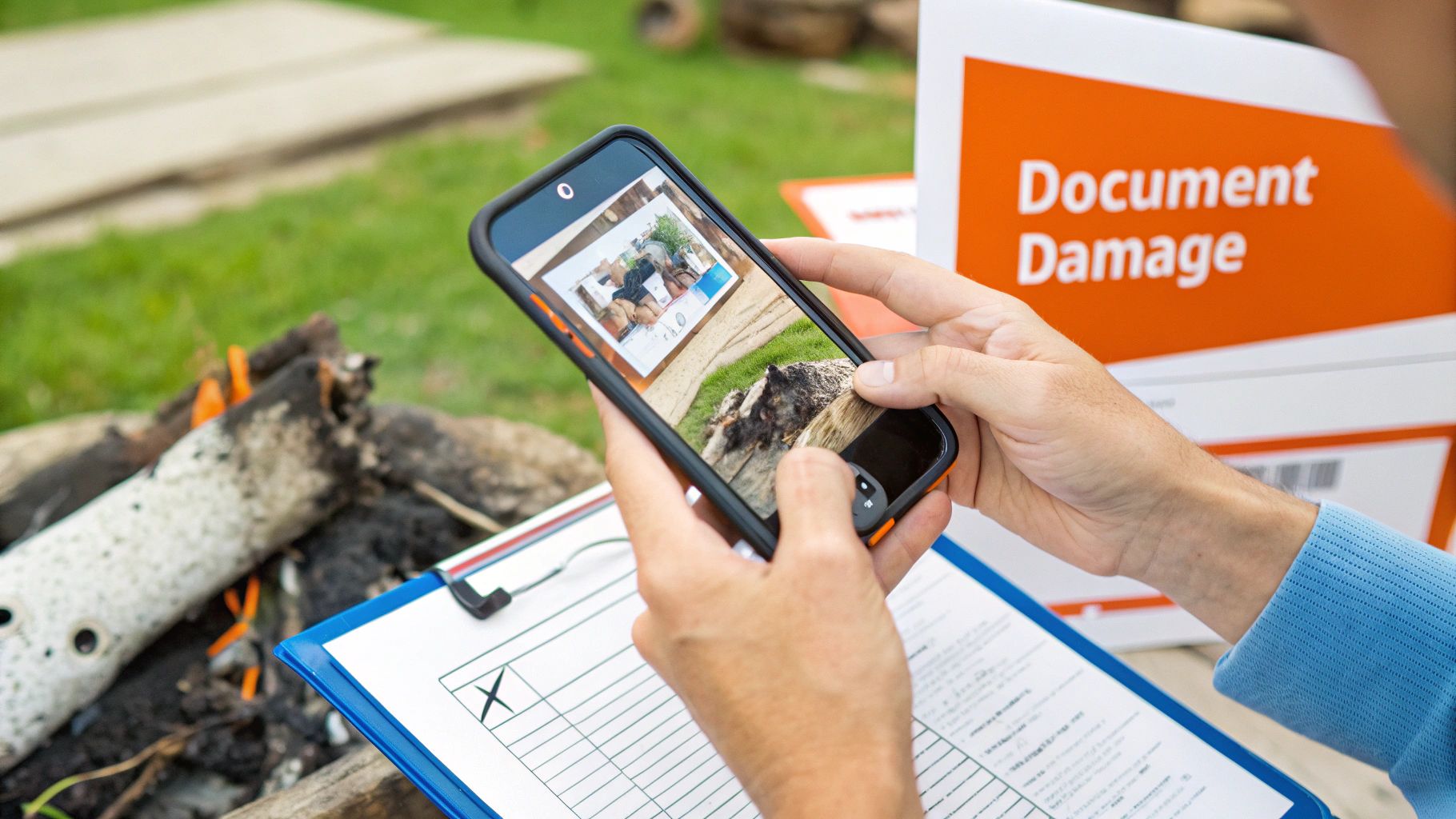 Person taking photos of a fire-damaged room on their phone.