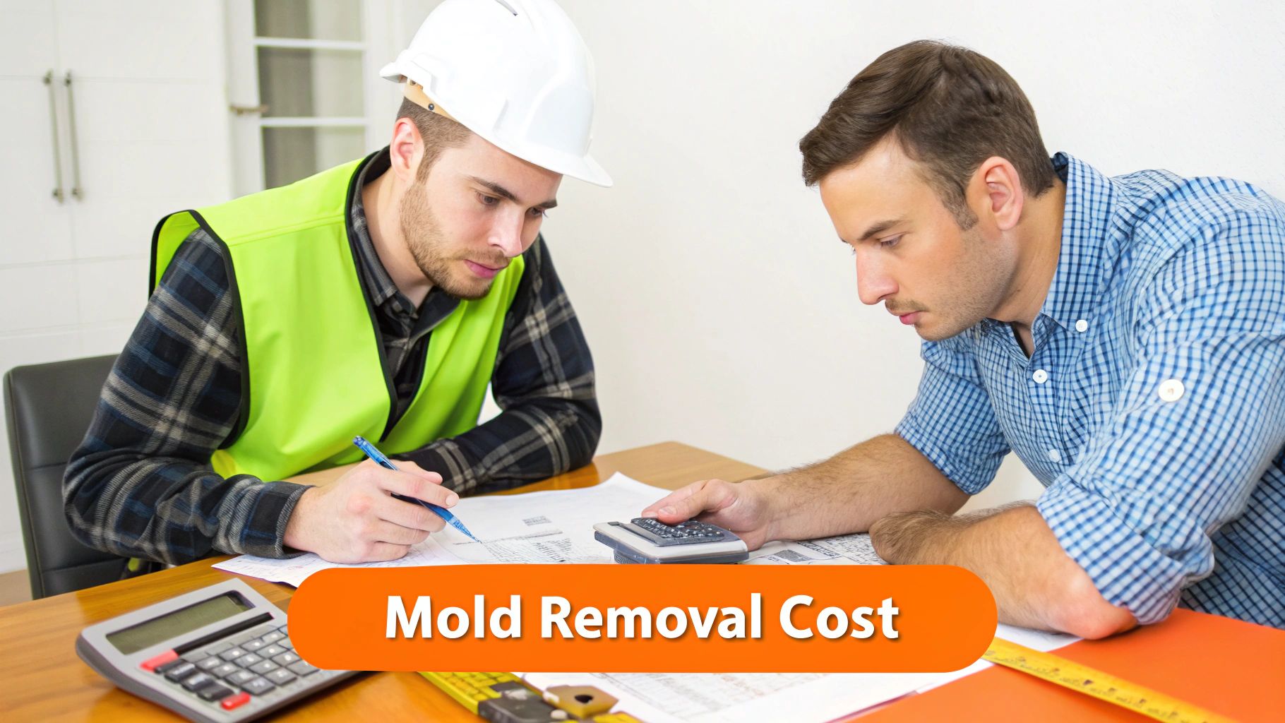 Two men, one in a hard hat, discussing mold removal costs with papers and calculators.