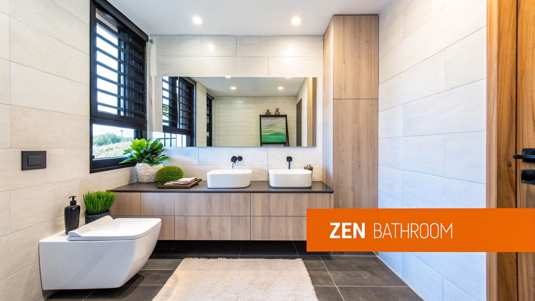 Zen bathroom featuring modern dual sinks, natural wood cabinetry, and lush greenery, emphasizing luxury and tranquility for high-end remodels in Orange County.