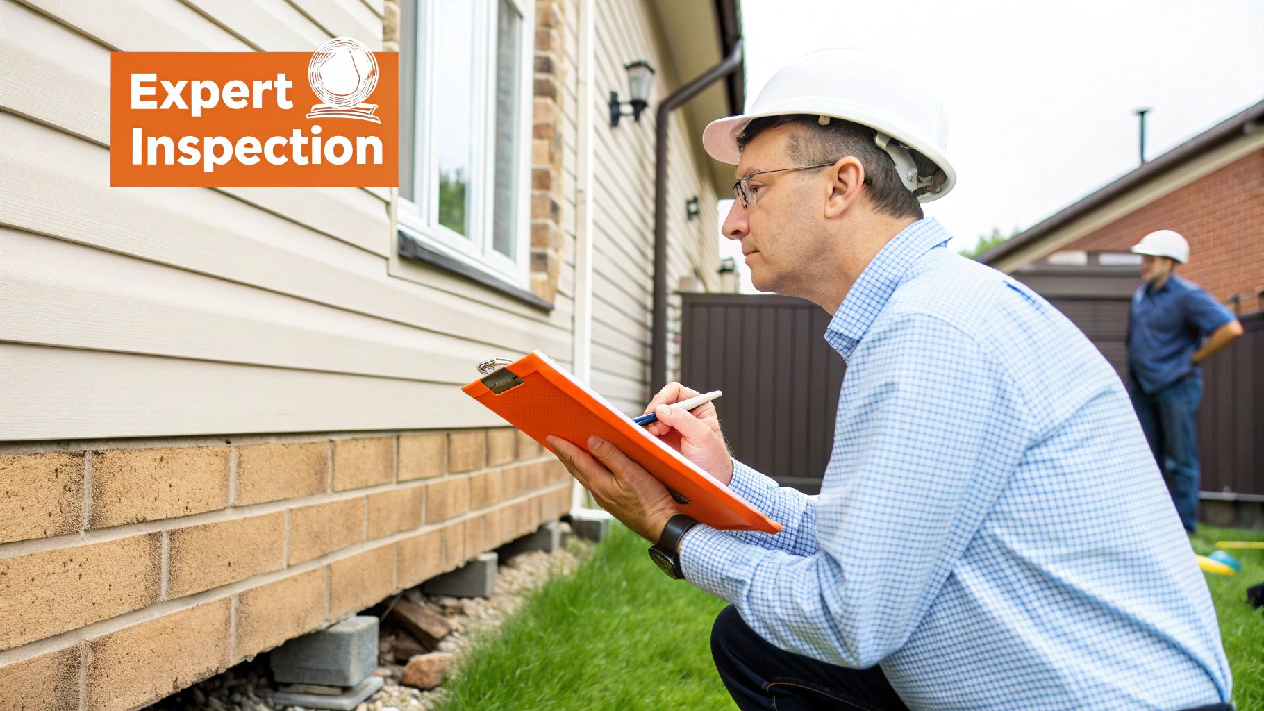 Professional inspecting home exterior for mold issues with clipboard, emphasizing expert inspection and mold prevention in Orange County.