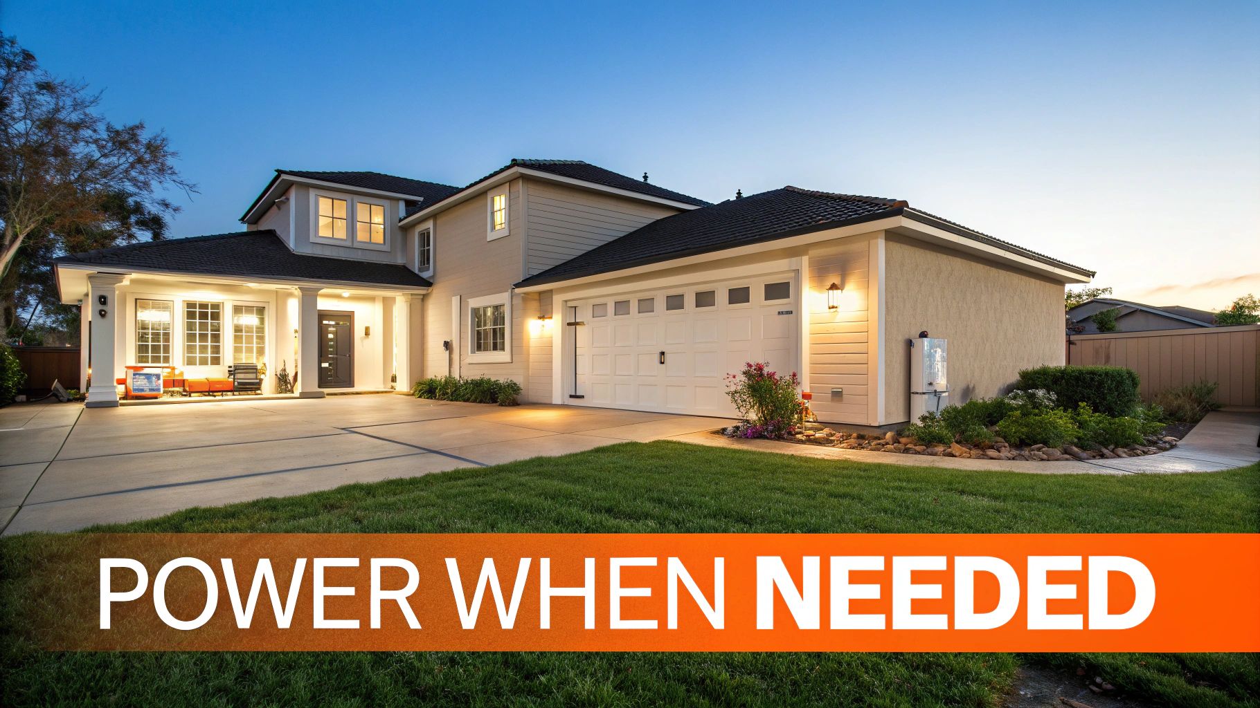 A modern whole house generator installed neatly beside a beautiful home.