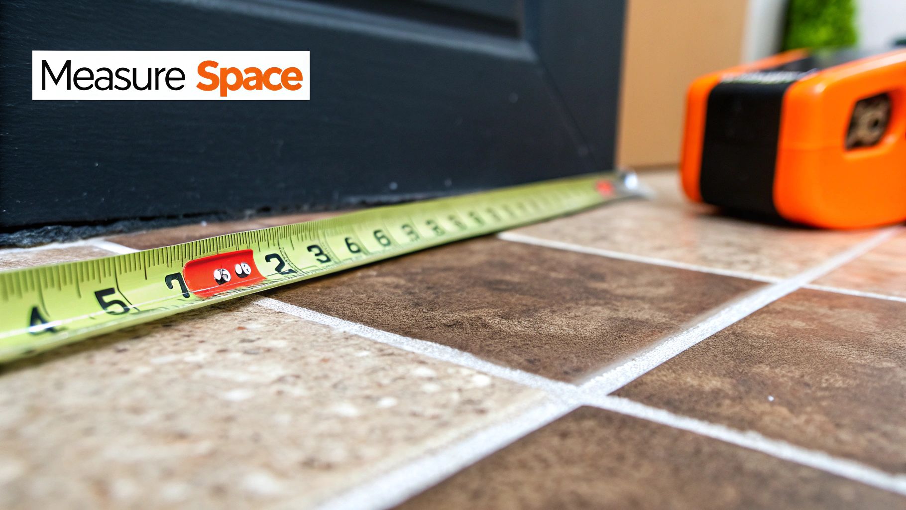 Measuring tape on tiled floor with orange measuring tool, highlighting preparation for kitchen remodeling and installation.