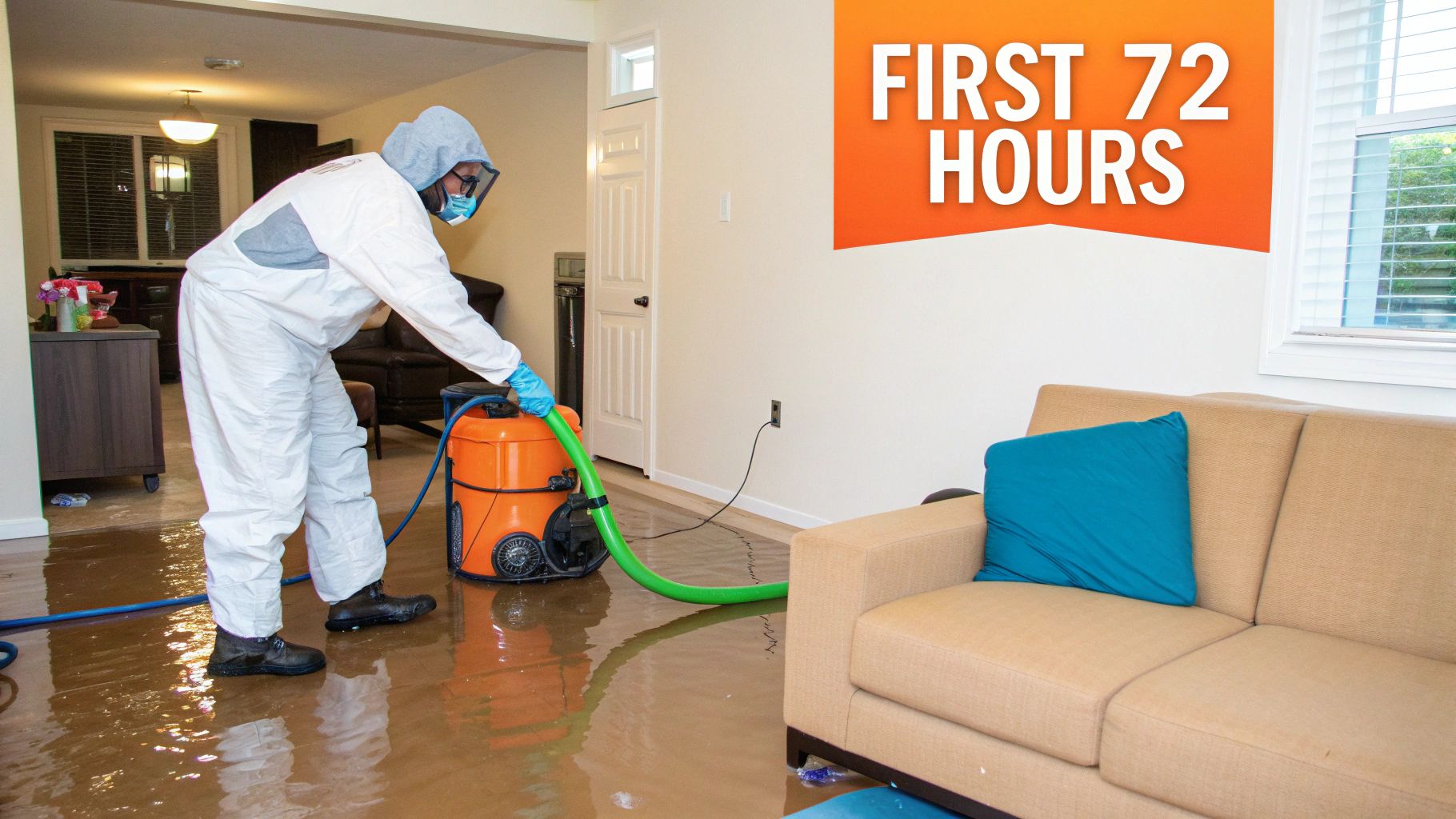 Water damage restoration professional in protective suit extracting water from flooded home during first 72 hours