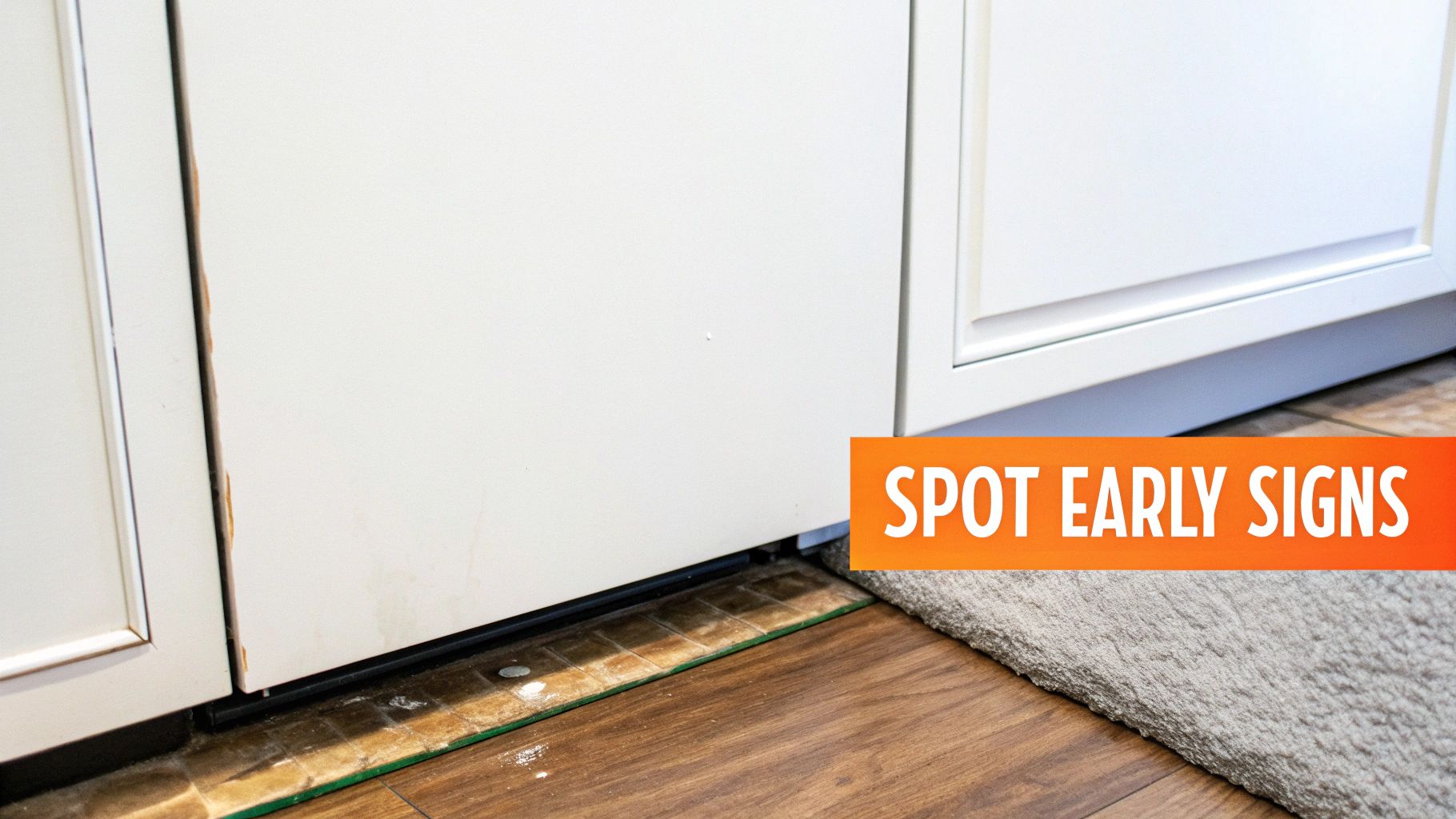 Water damage visible at the base of white kitchen cabinets with wood flooring and a rug.