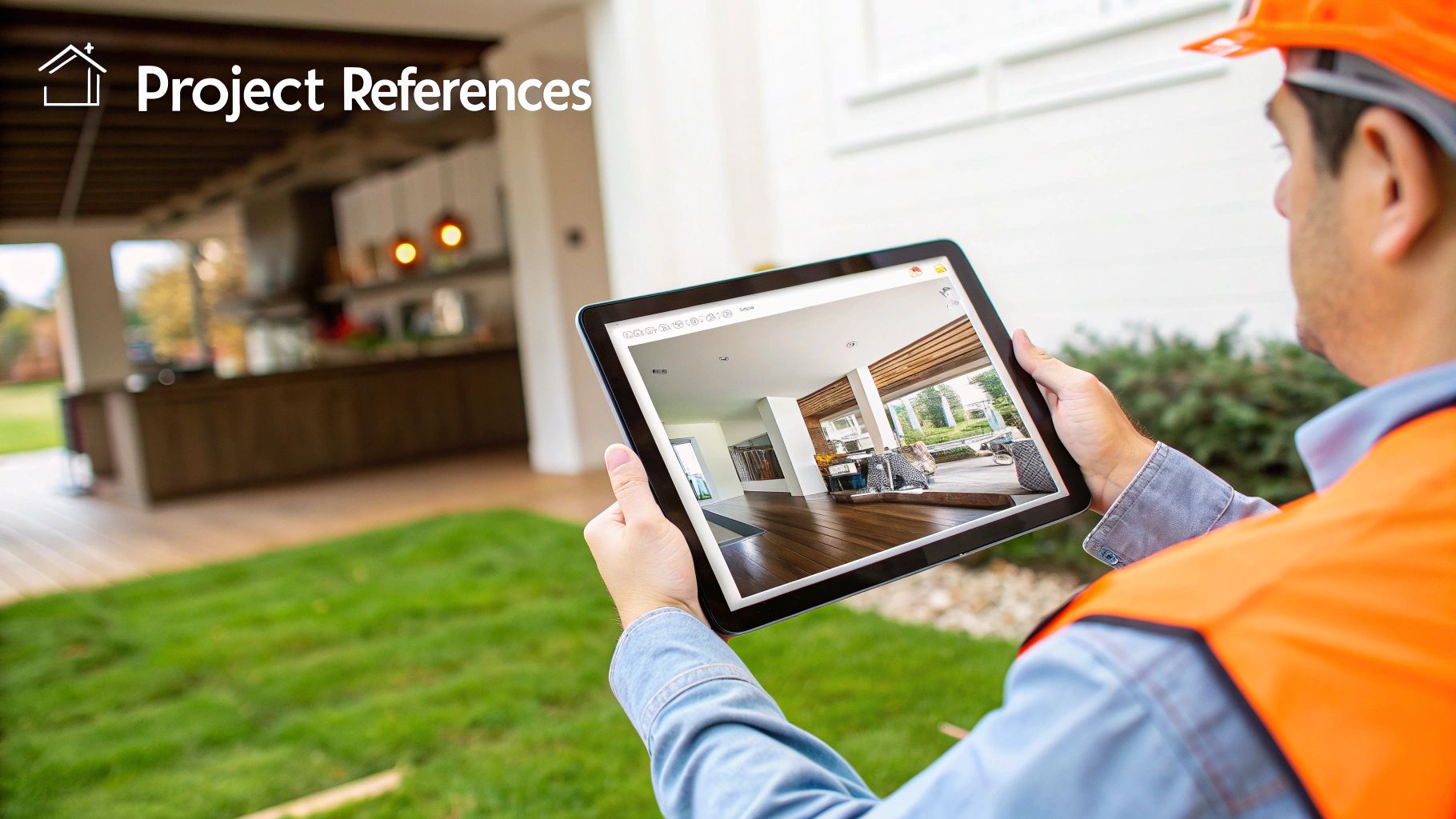 A construction worker in a hard hat views project references on a digital tablet, showing a modern home interior.