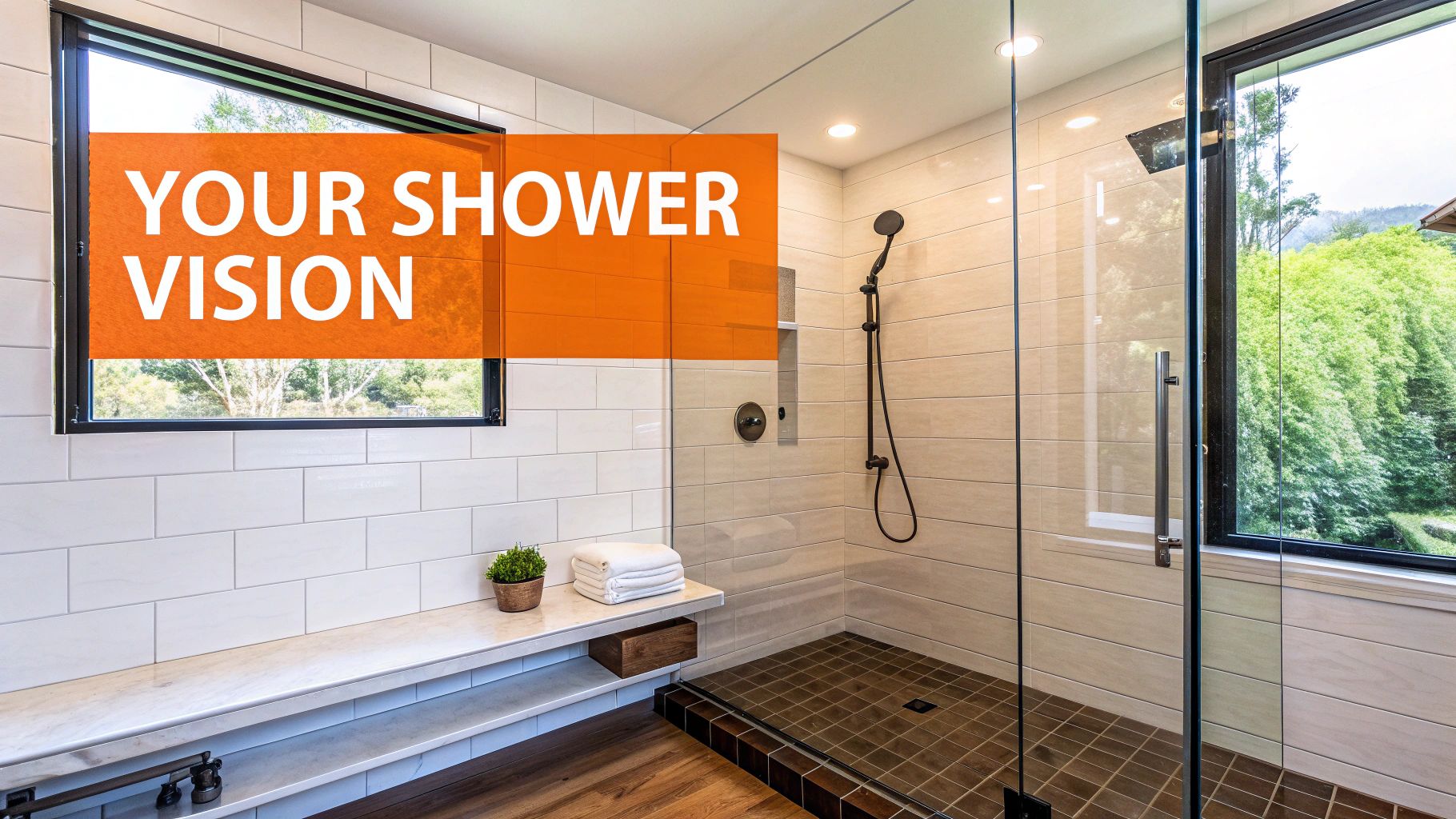 A luxurious modern master bathroom shower with elegant tile and frameless glass.