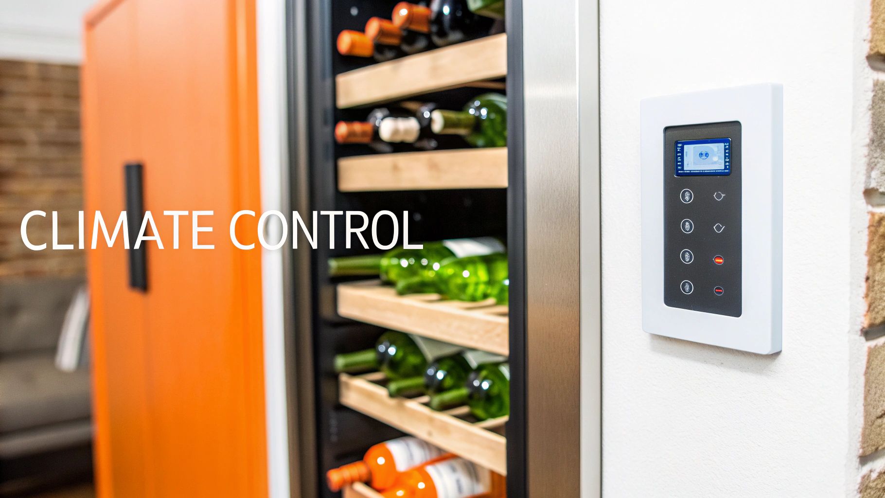 A sophisticated custom wine cellar with modern glass doors and well-lit wooden racking, showcasing a collection of wine bottles.