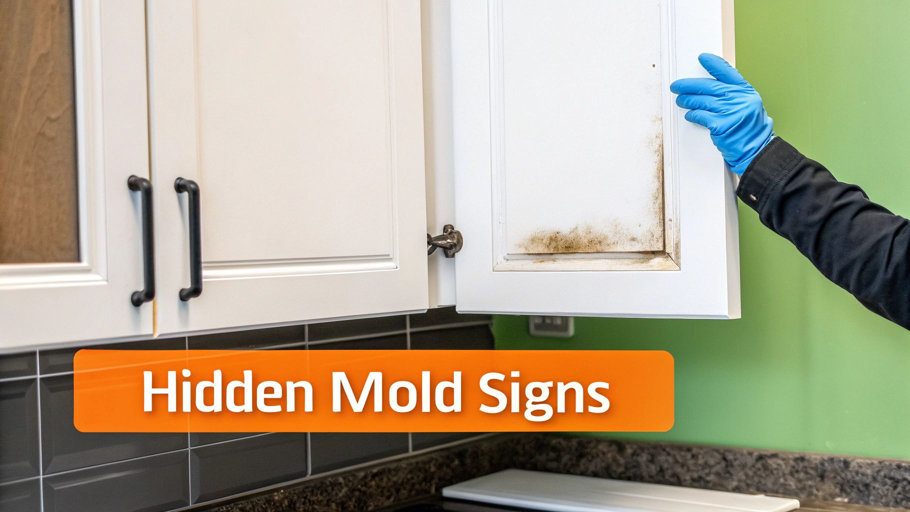 A person in blue gloves opens a white kitchen cabinet door, revealing extensive dark mold growth.