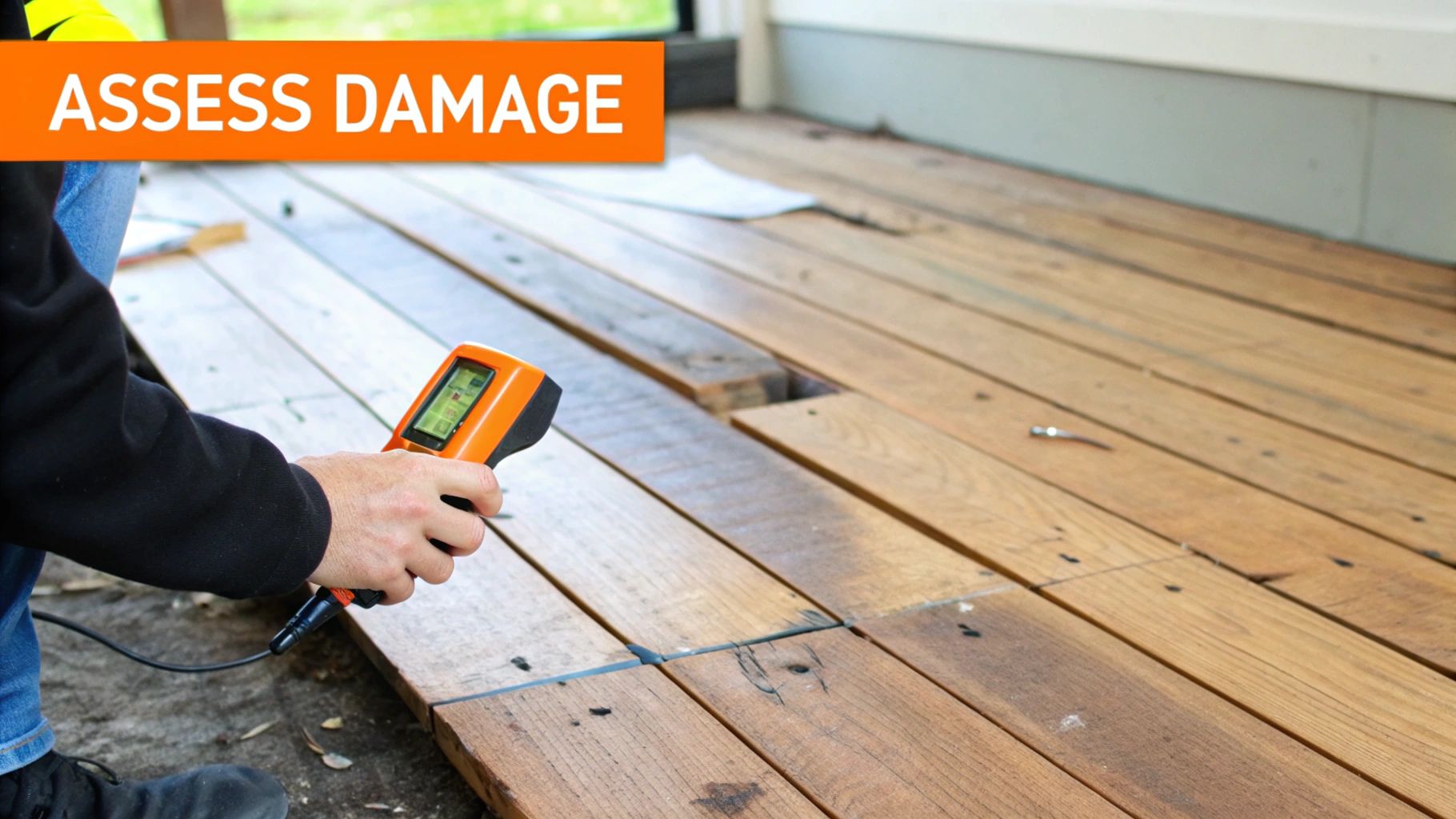 A person uses an orange moisture meter to assess potential water damage on a wooden floor.
