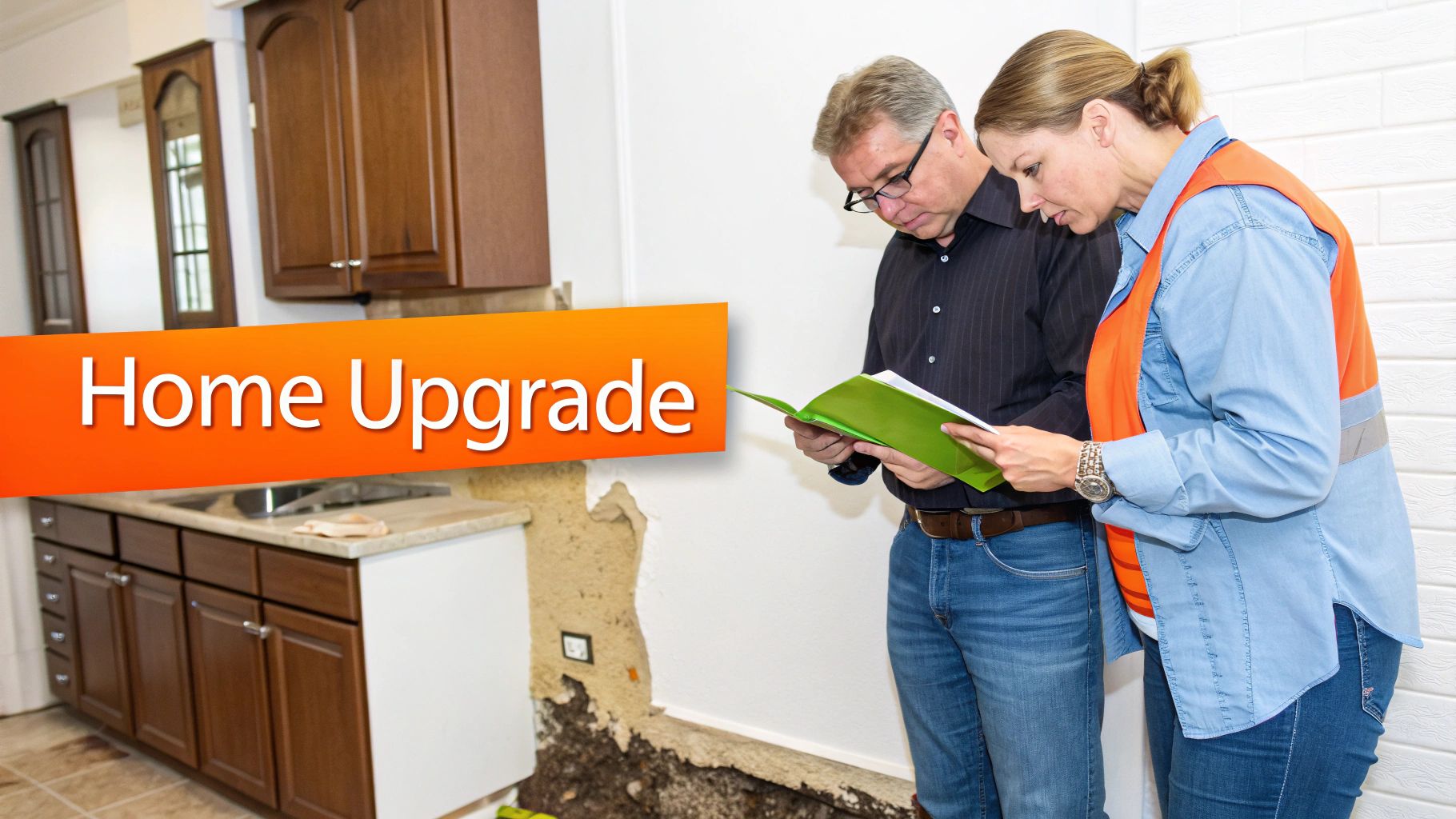 Two people reviewing plans in a kitchen undergoing renovation or water damage repair.