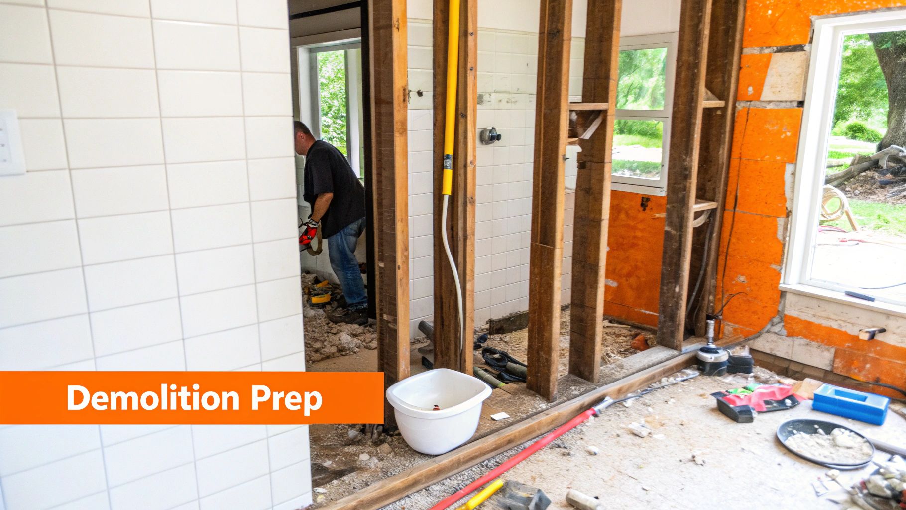 Man preparing for bathroom demolition, exposed walls and construction tools, emphasizing renovation process and planning for remodeling.