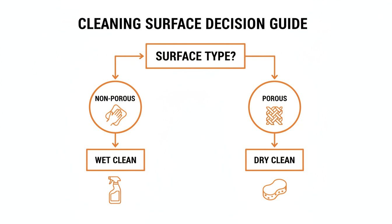 Flowchart for cleaning surface decision guide: non-porous surfaces require wet clean, porous surfaces require dry clean.