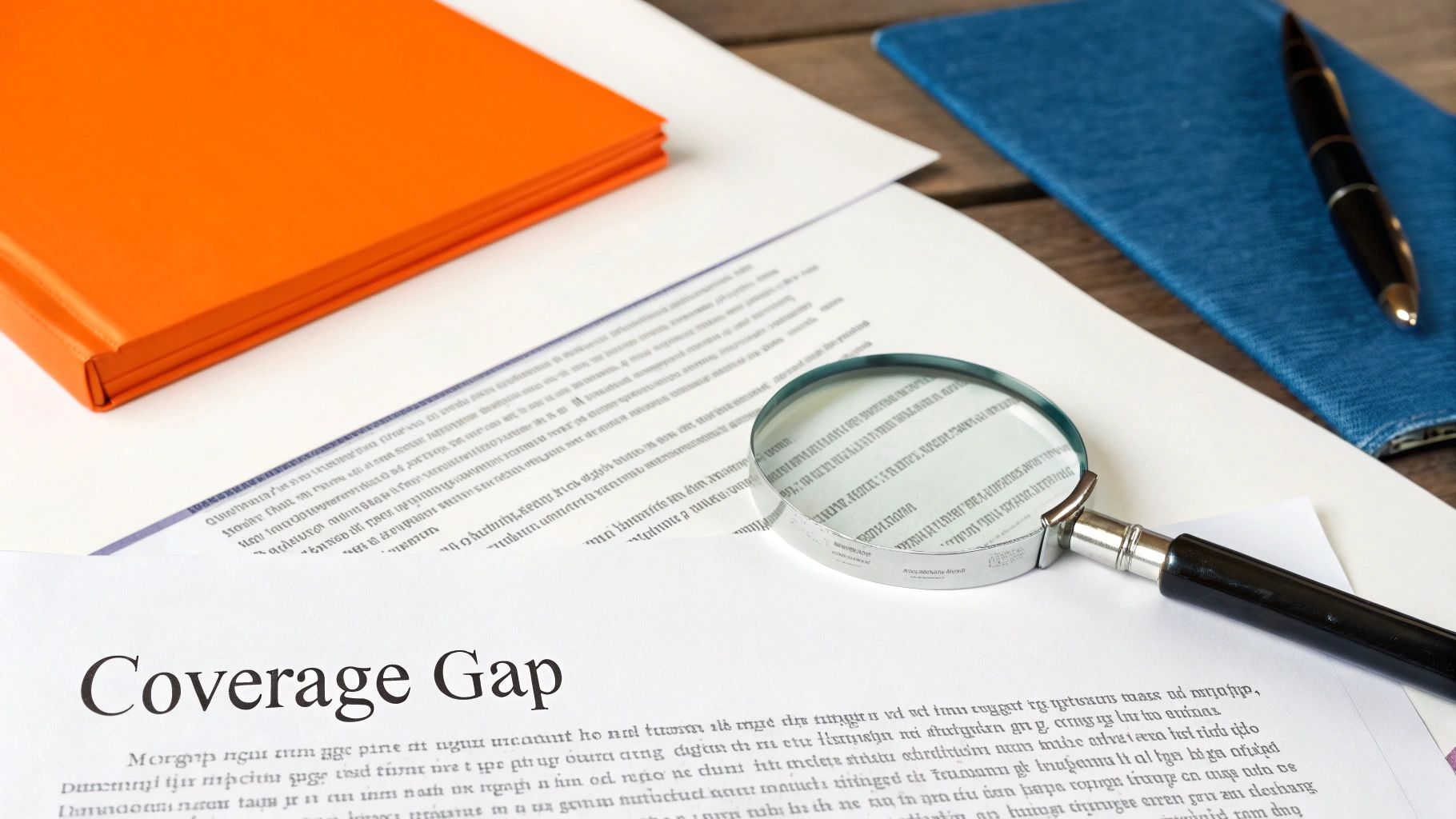 Magnifying glass over a document titled "Coverage Gap," with orange and blue folders, emphasizing the importance of understanding insurance policy exclusions for property damage claims.