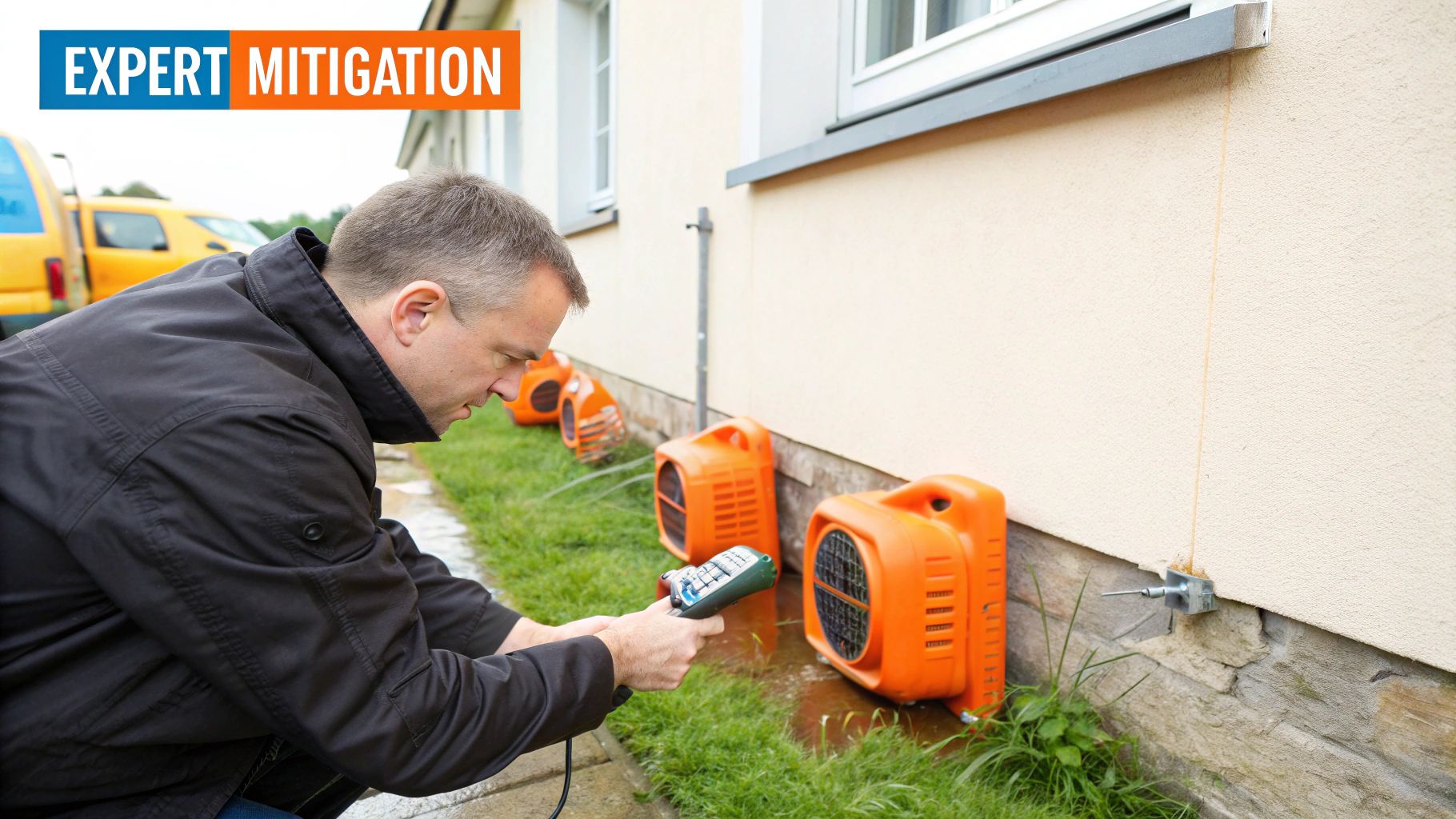 Man using moisture meter near industrial air movers for water mitigation outside a home, emphasizing expert restoration services.