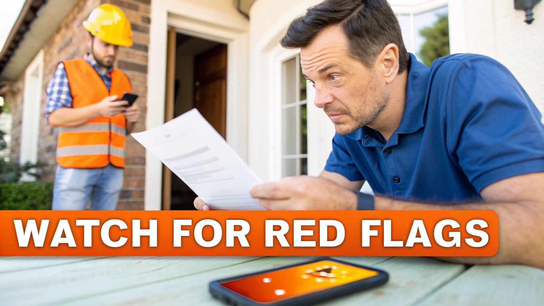 A concerned man reads a document with a construction worker nearby, with a 'Watch for Red Flags' warning.