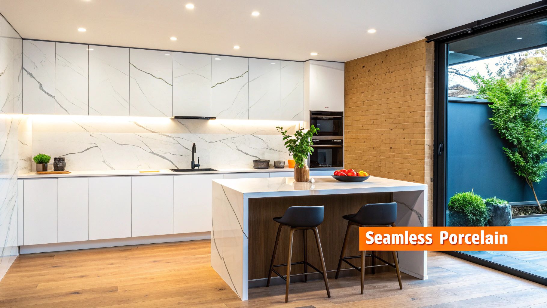 A modern kitchen featuring a seamless, marble-patterned backsplash that extends across the wall, paired with white cabinets and a large island.