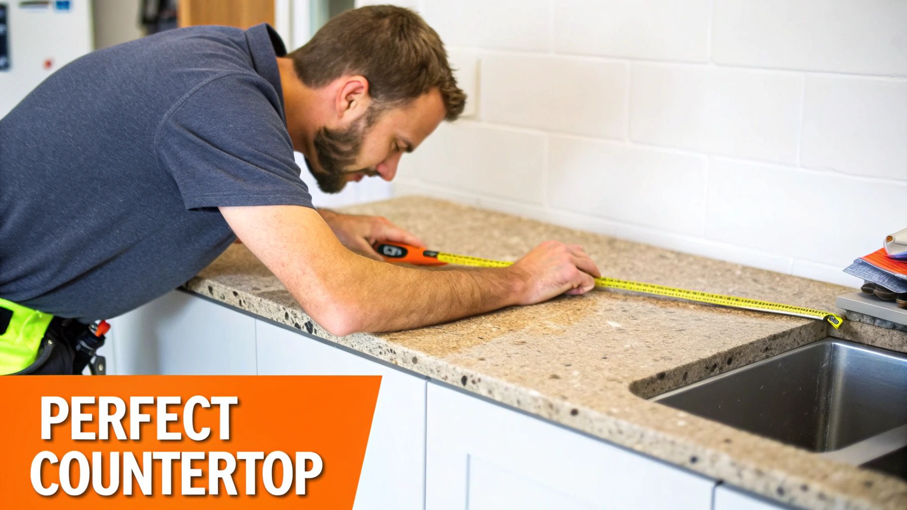 Professional measuring of a granite countertop during kitchen installation, highlighting precision for a perfect fit, with a sink visible in the background.