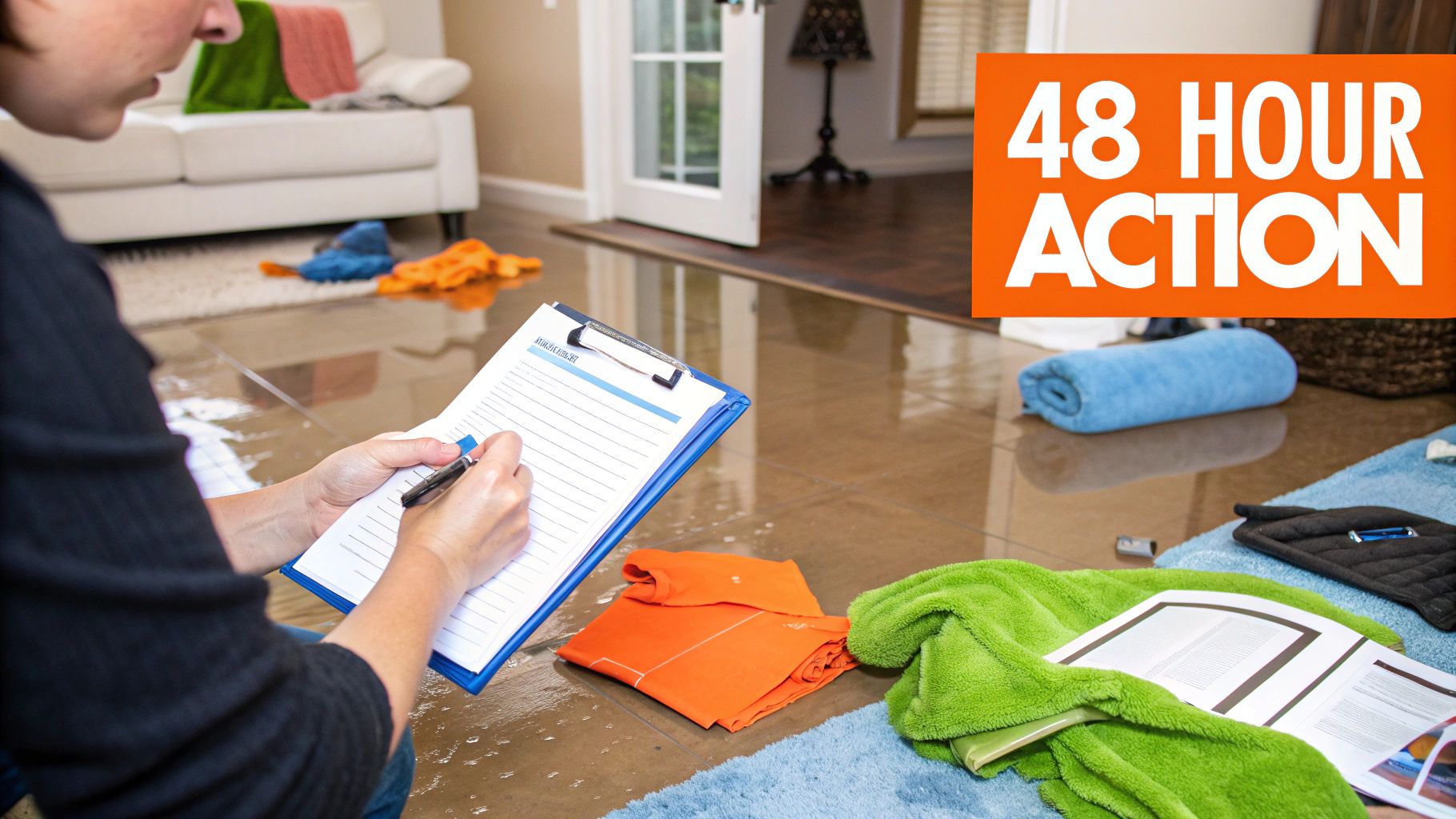 Water damage restoration professional inspecting flooded home with clipboard and cleaning supplies during emergency assessment