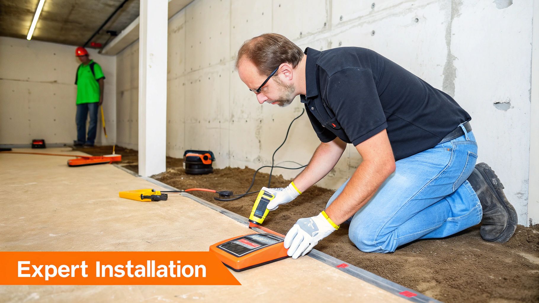 Expert installation of waterproof flooring in a basement, featuring a technician using a moisture meter on a subfloor, with a second worker in the background.