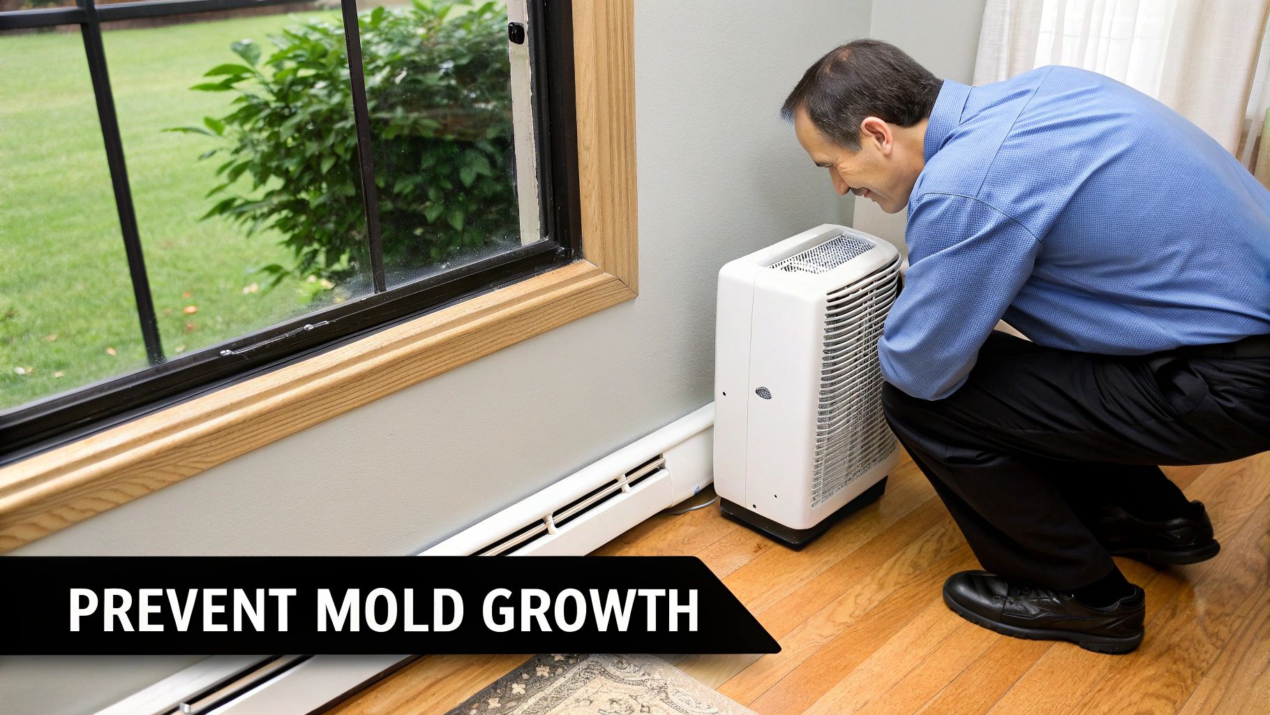 Man inspecting a dehumidifier in a home setting, emphasizing the importance of preventing mold growth, with a focus on indoor air quality and mold remediation.