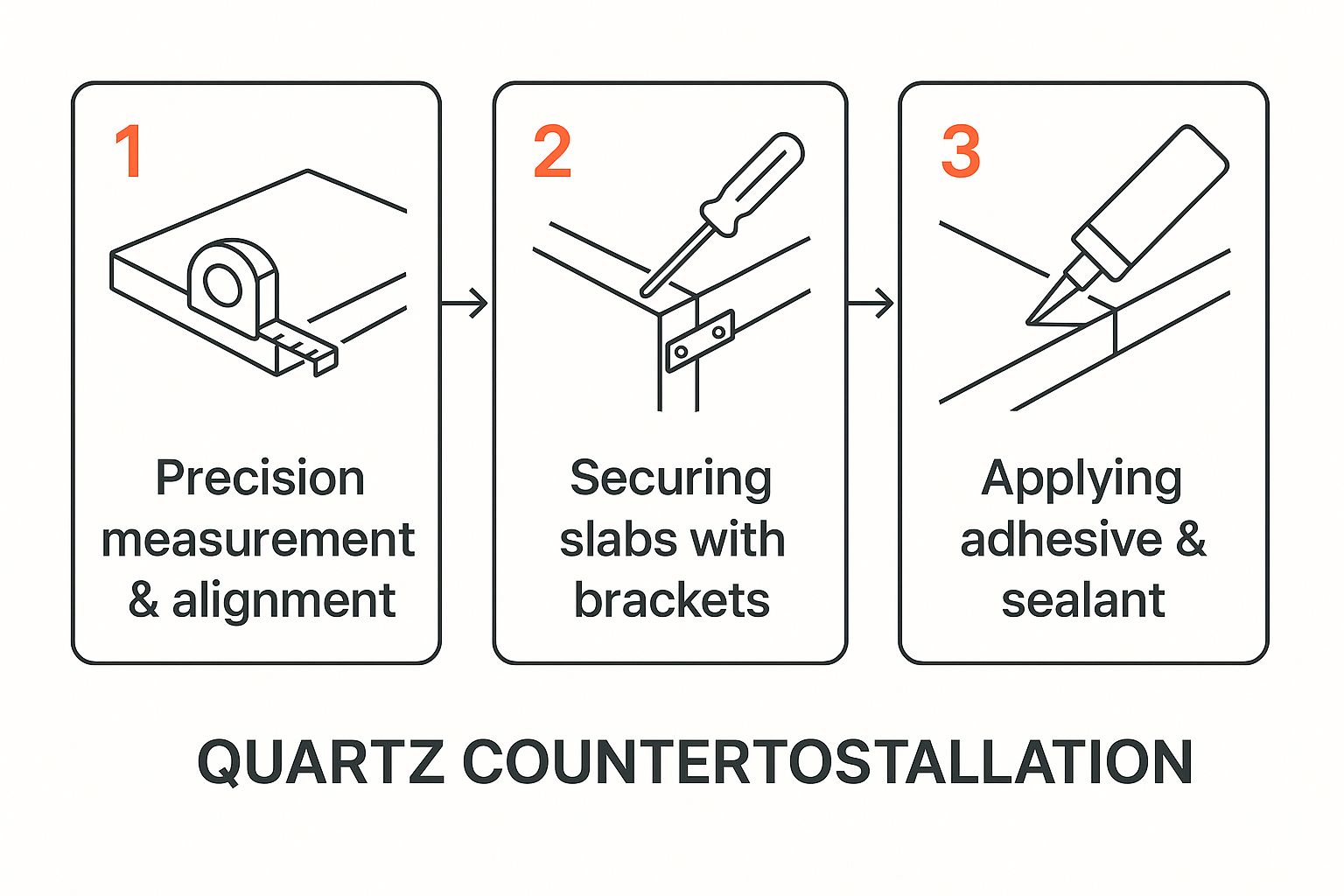 Illustration of quartz countertop installation steps, featuring precision measurement and alignment, securing slabs with brackets, and applying adhesive and sealant.