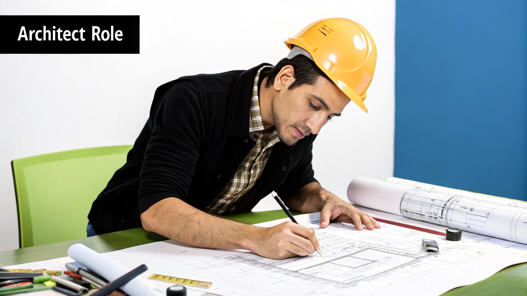 Man wearing a hard hat, drawing architectural plans on a table, illustrating the architect's role in home remodeling projects.