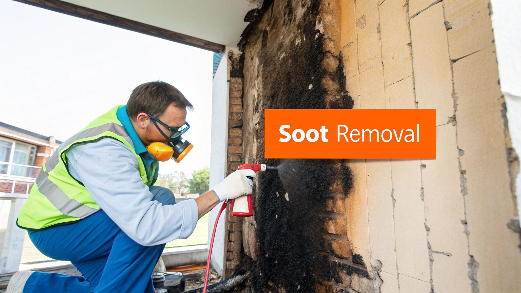 Worker in safety gear using a spray can for soot removal from fire-damaged wall, emphasizing fire damage restoration process by Sparkle Restoration Services.