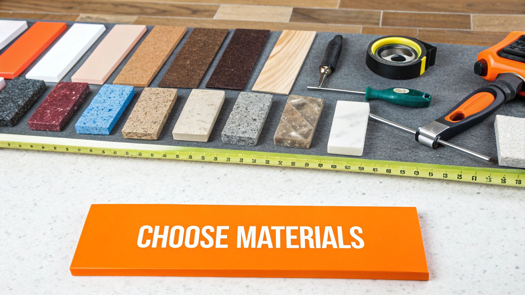 Colorful material samples and tools on a work surface with an orange sign reading "CHOOSE MATERIALS," relevant to kitchen island design and remodeling planning.