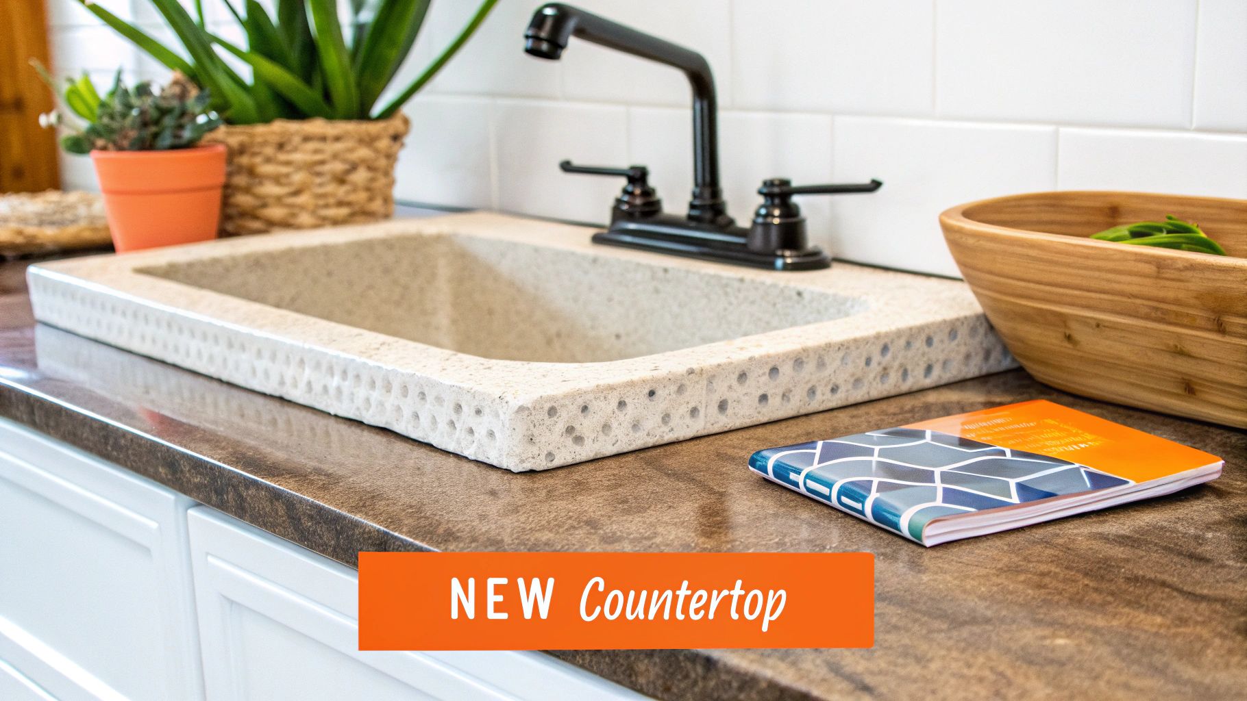 New kitchen countertop in mottled brown with a unique light-colored integrated sink and black faucet.