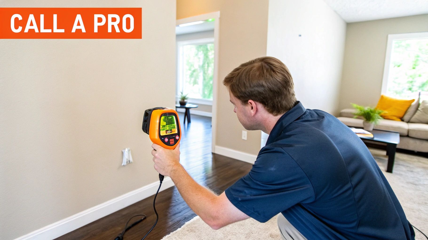 A professional uses an orange handheld device to assess a wall for moisture or damage in a home.