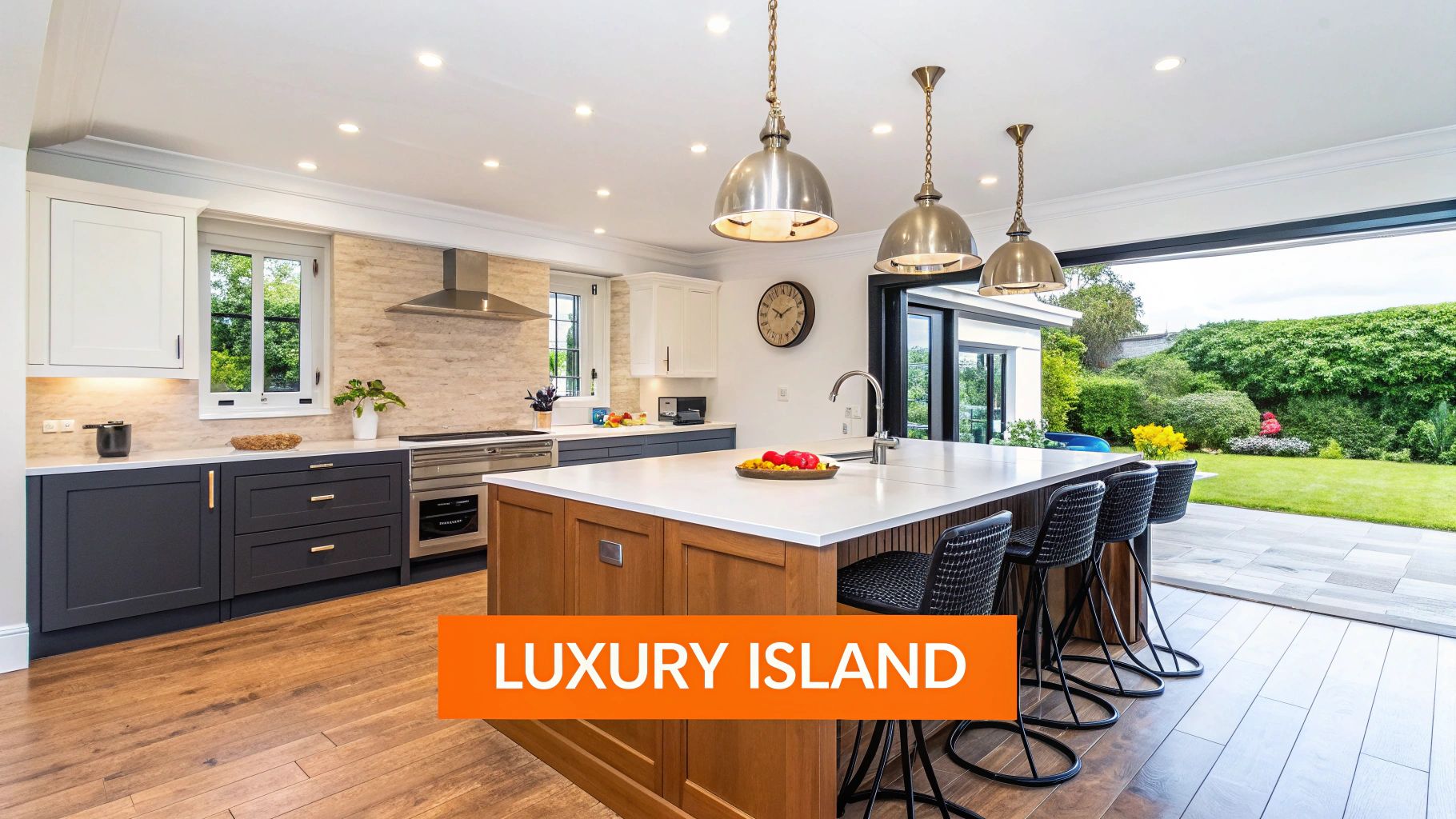 A spacious, modern luxury kitchen with a large island, dark cabinets, wood floor, and garden view.