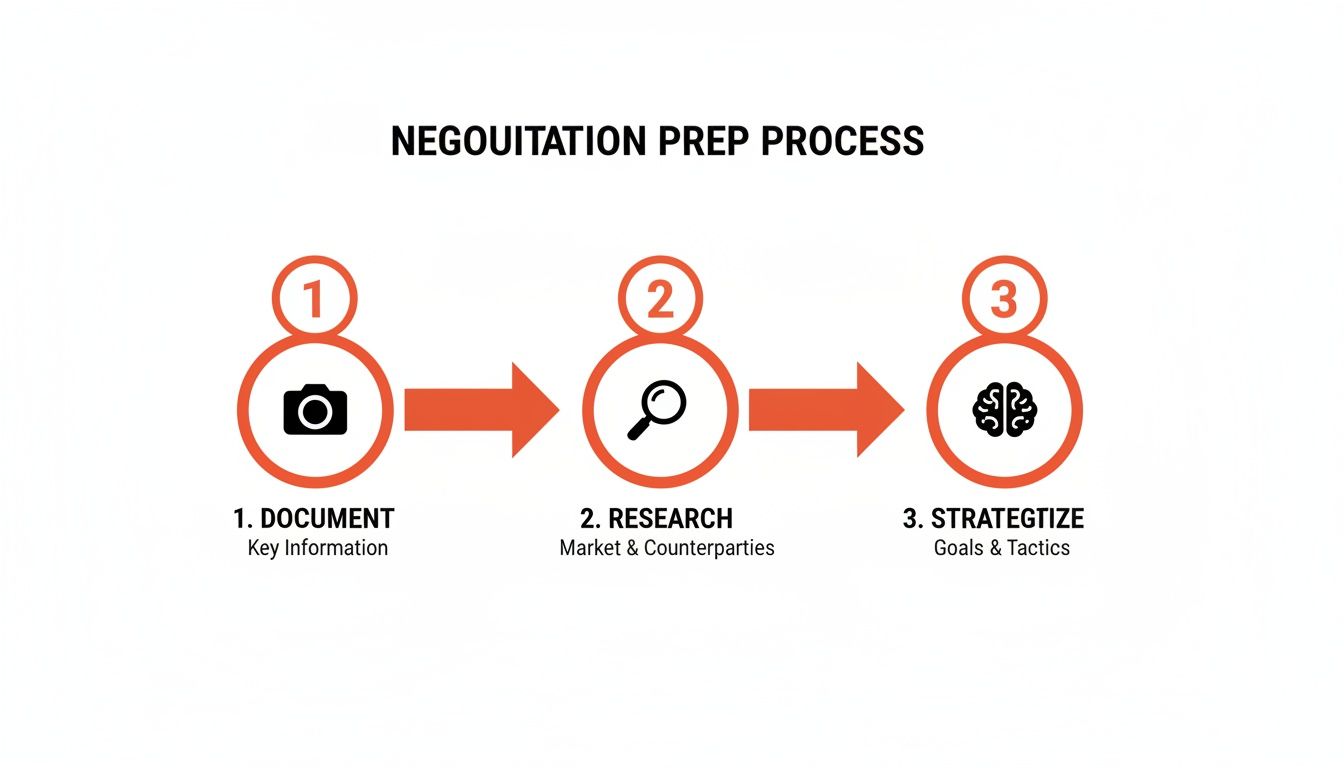 Negotiation preparation process diagram illustrating three steps: 1. Document key information with a camera icon, 2. Research market and counterparties with a magnifying glass icon, 3. Strategize goals and tactics with a brain icon, emphasizing essential strategies for negotiating with insurance adjusters.