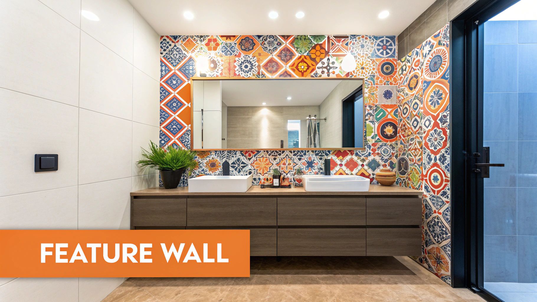 A modern bathroom features a colorful patterned tile accent wall, dual sinks, and a large mirror.