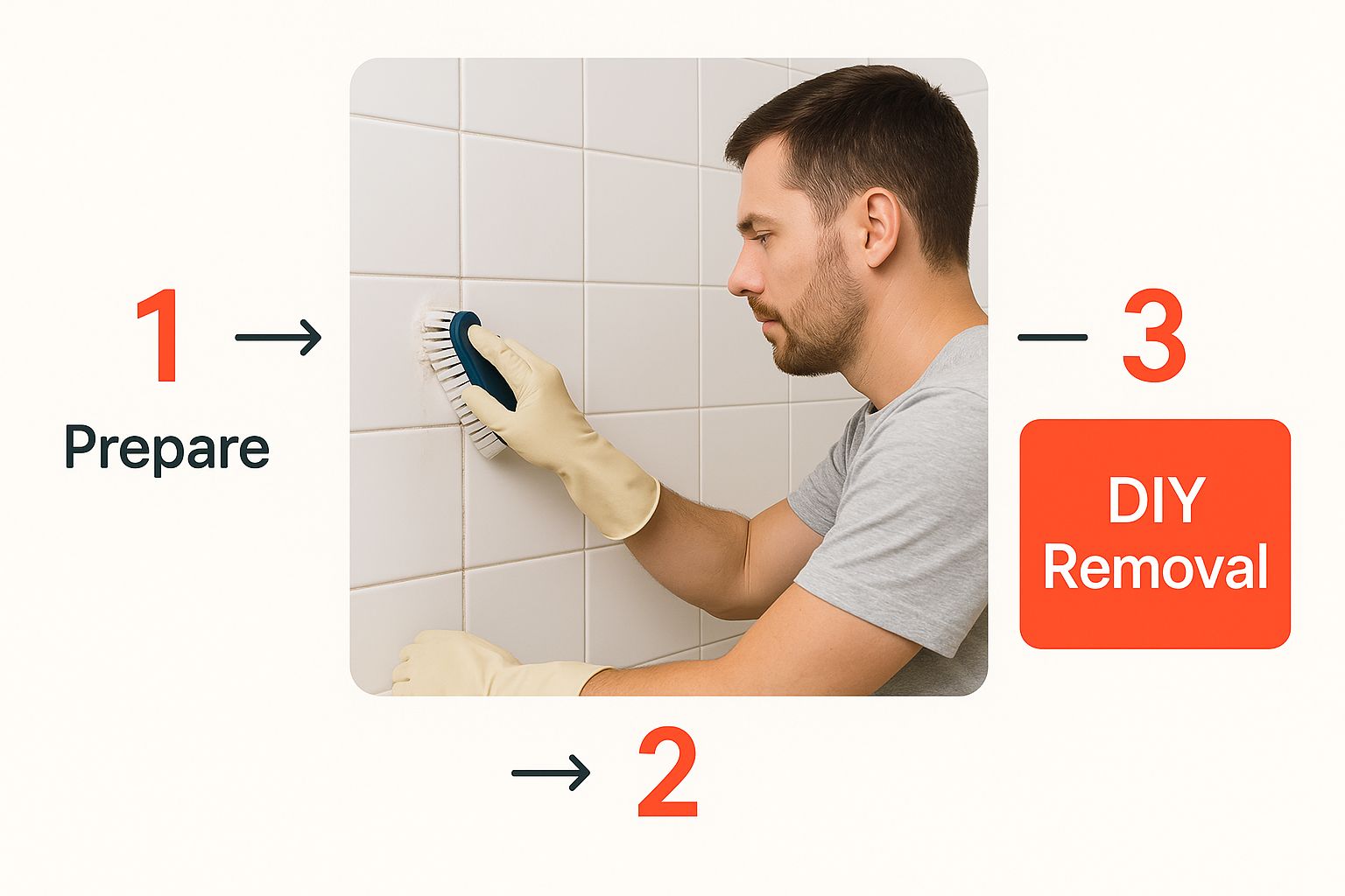 Man wearing gloves scrubbing mold from bathroom tiles, illustrating DIY removal process for mold remediation.
