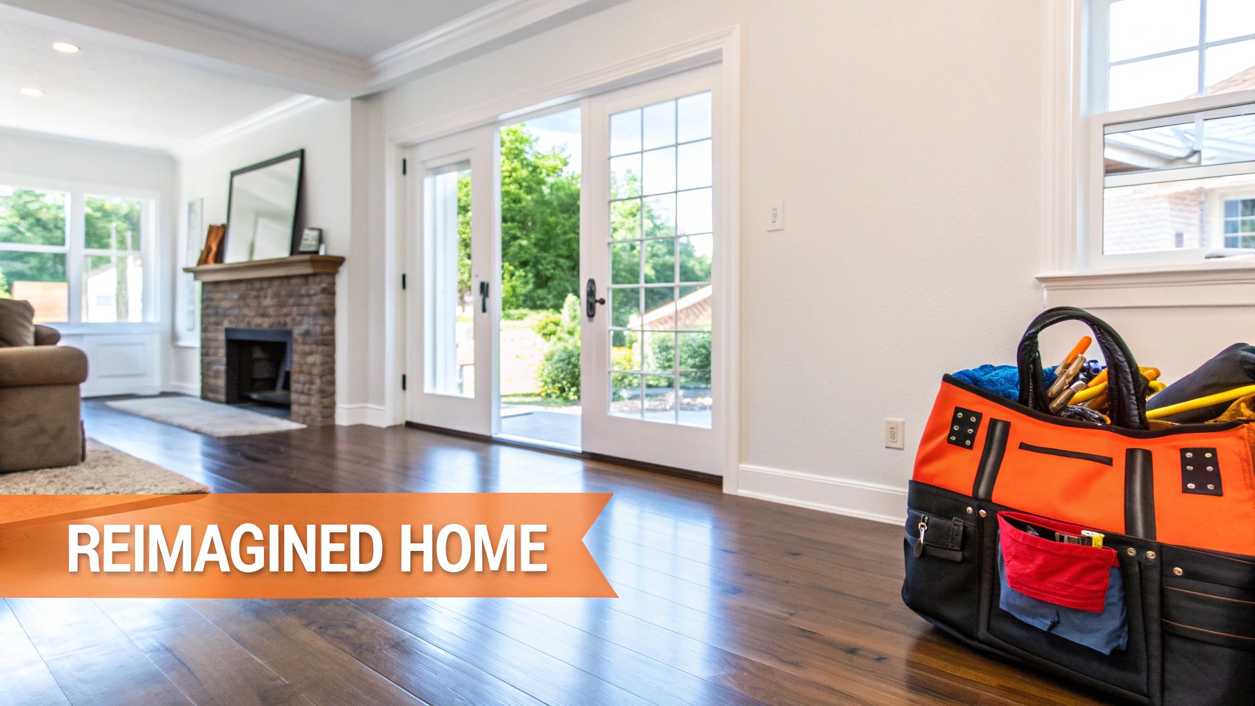 A newly renovated home with a fireplace, open patio doors, and a contractor's tool bag.