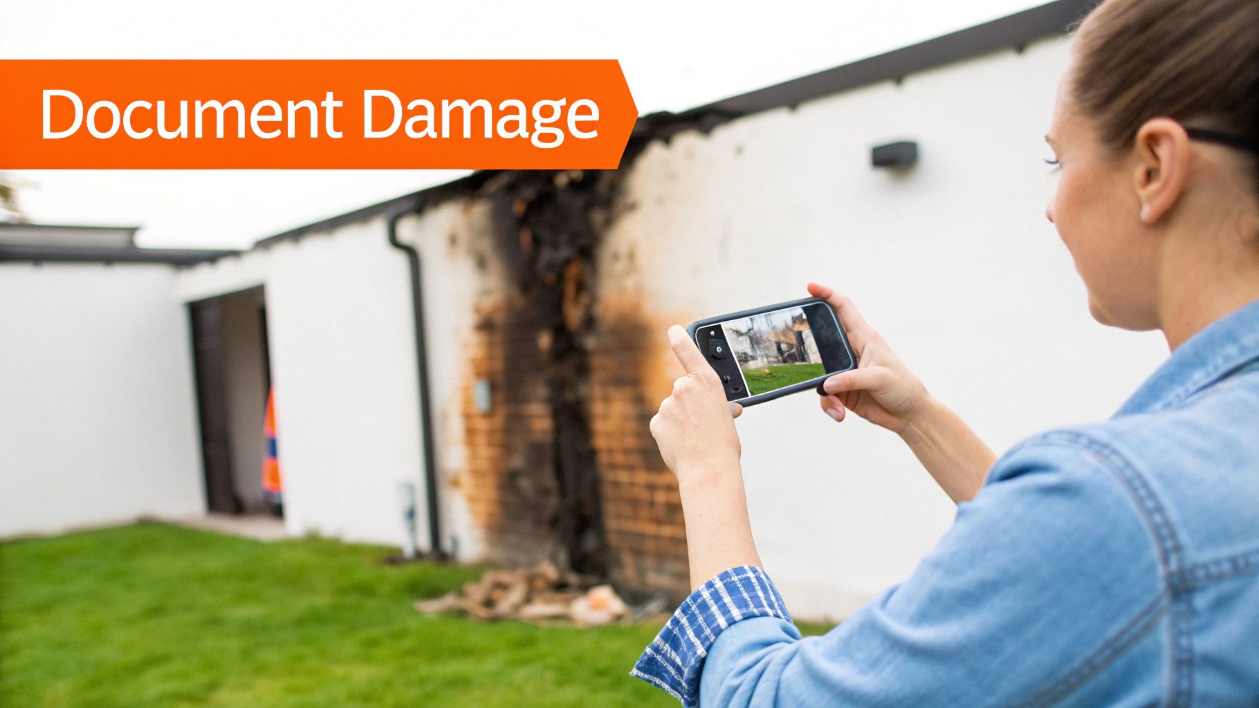 Woman documenting fire damage on smartphone outside a house, with visible charred wall and text "Document Damage" in orange.