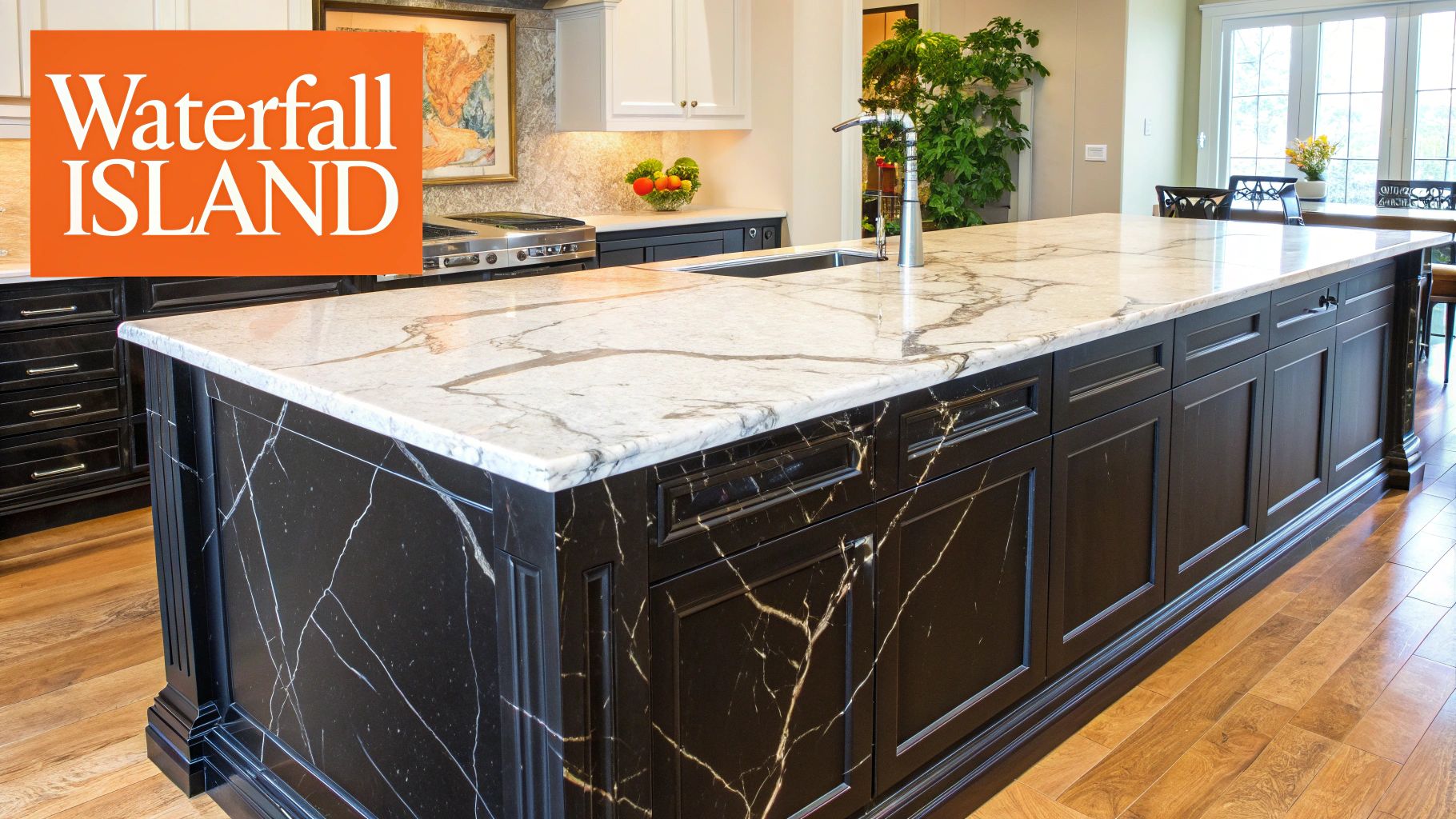 Waterfall island in a luxury kitchen featuring a marble countertop, black cabinetry, and modern appliances, emphasizing professional-grade design and functionality.