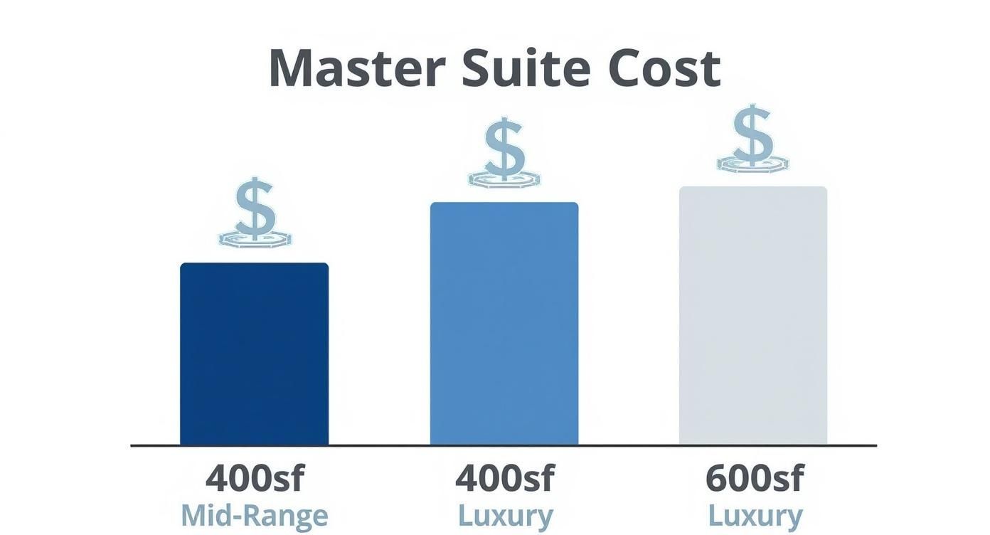 Bar chart illustrating master suite costs for 400sf mid-range, 400sf luxury, and 600sf luxury.